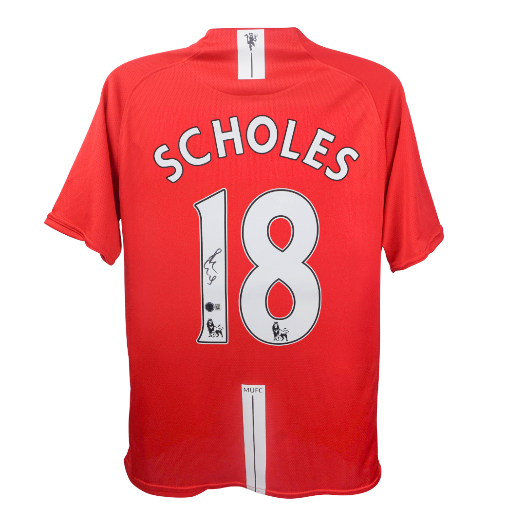 Paul Scholes Signed Manchester Utd Home Soccer Jersey #18 with Beckett Witness