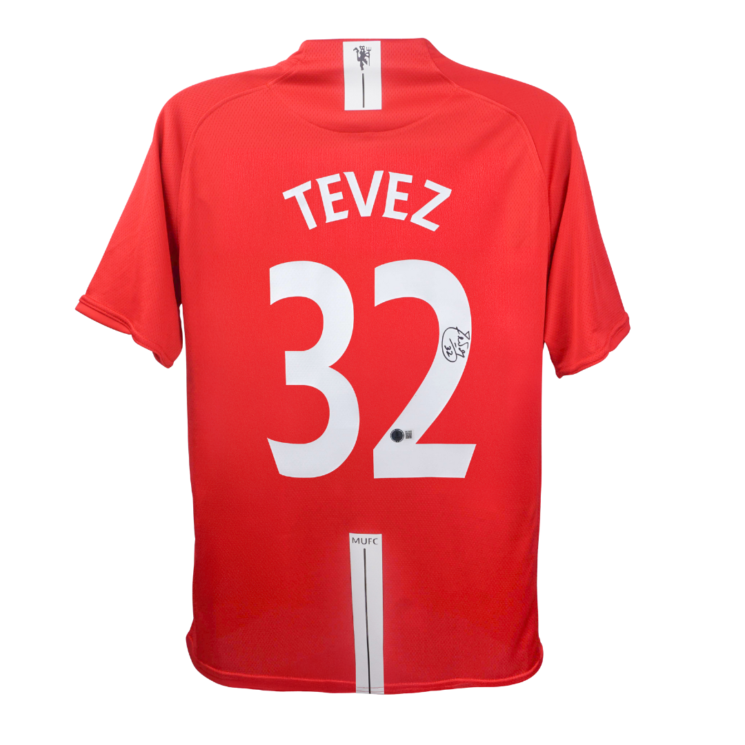 Carlos Tevez Signed Manchester Utd Home Soccer Jersey #32 with Beckett Witness