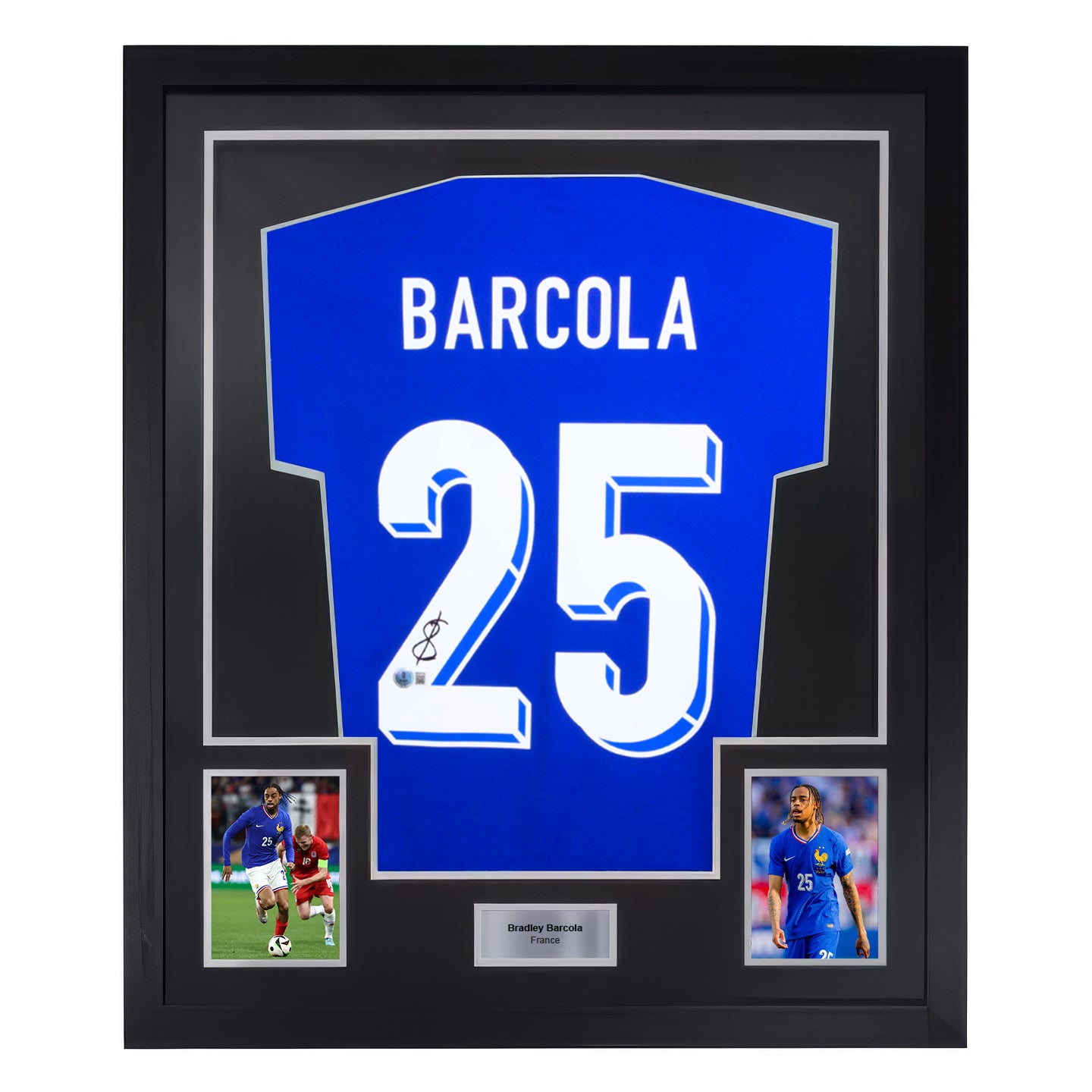 Framed Bradley Barcola Signed France Home Soccer Jersey #25 with Beckett Witness