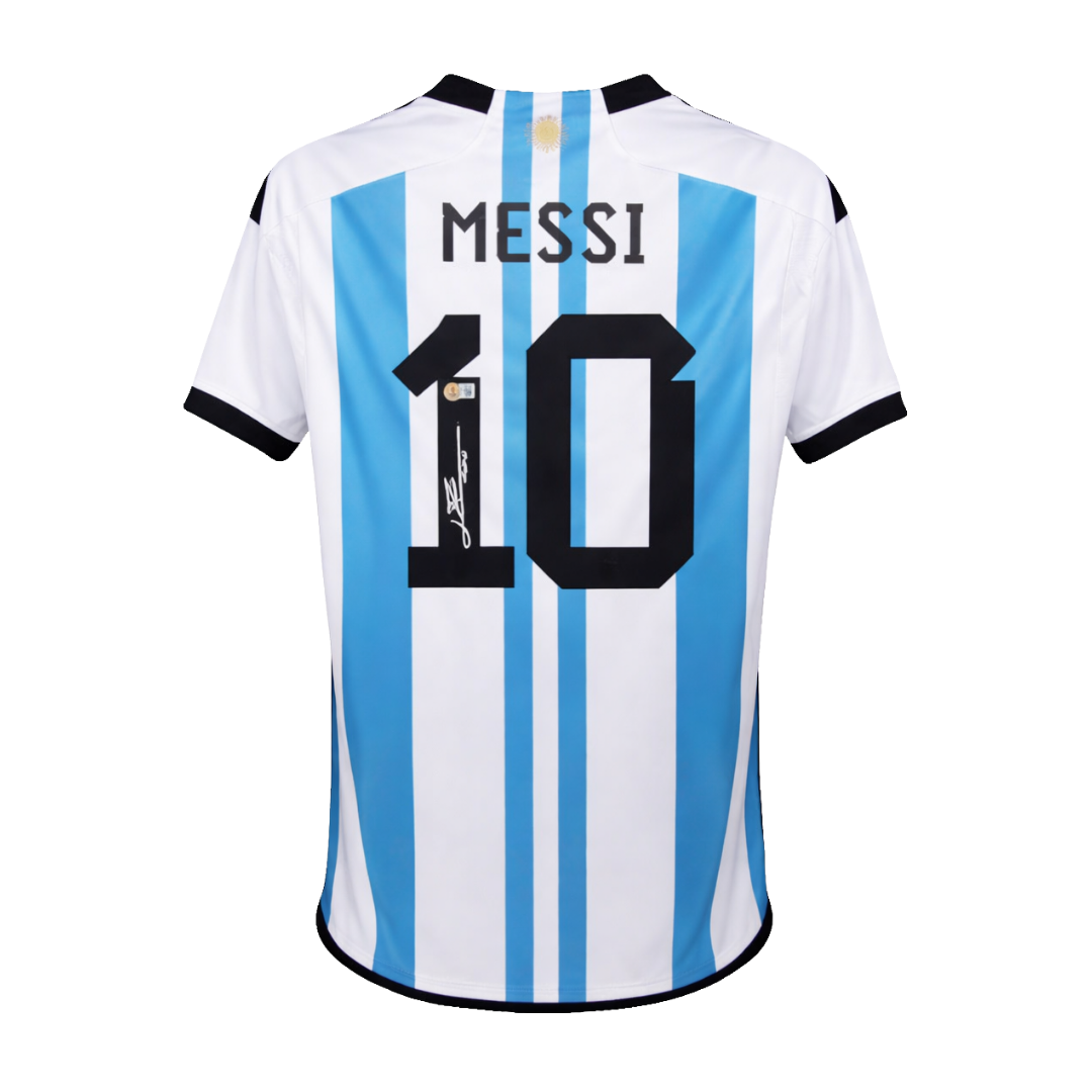 Framed Lionel Messi Signed Argentina Home Soccer Jersey #10 with Beckett Witness