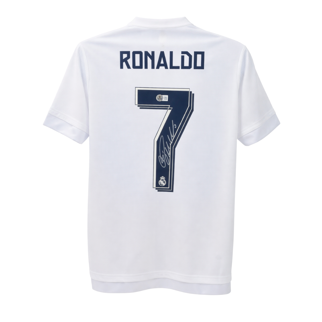 Framed Cristiano Ronaldo Signed Real Madrid Home Soccer Jersey #7 with Beckett COA