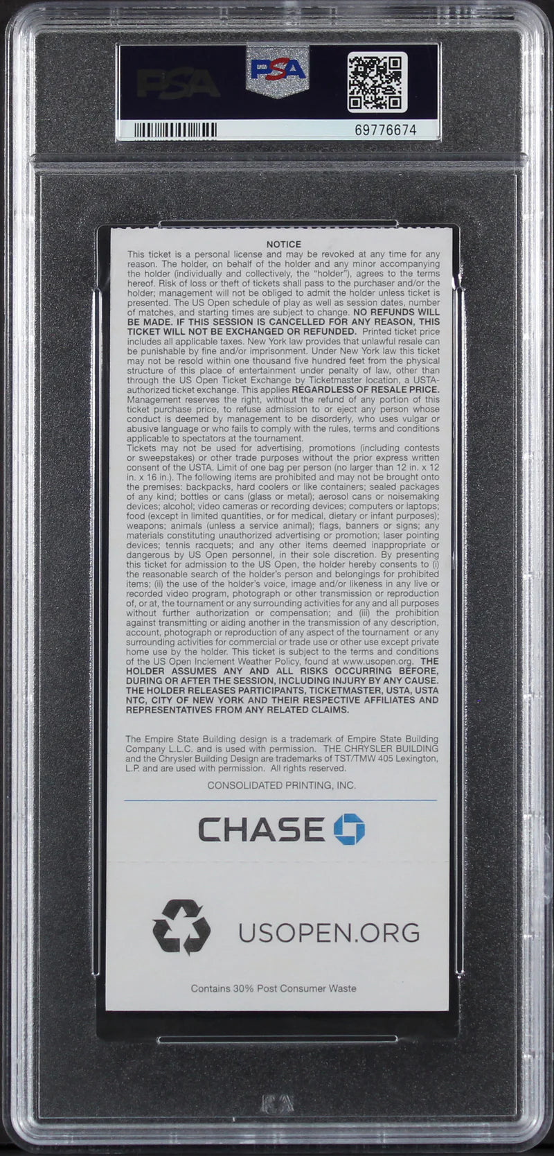 Serena Williams Authentic Signed 2014 U.S. Open Ticket Stub PSA/DNA