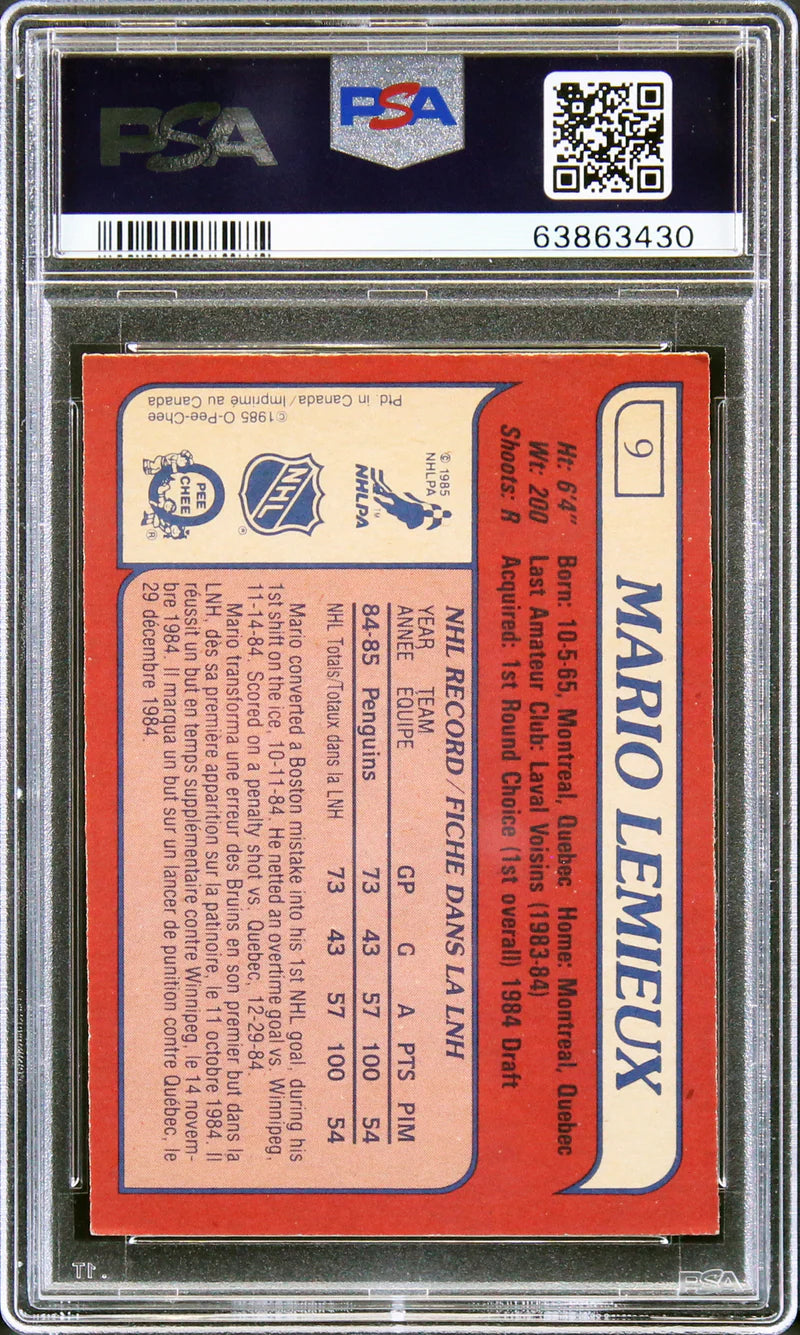 Mario Lemieux Signed 1985 O-Pee-Chee #9 RC Card Graded 6 Auto Grade 8 PSA