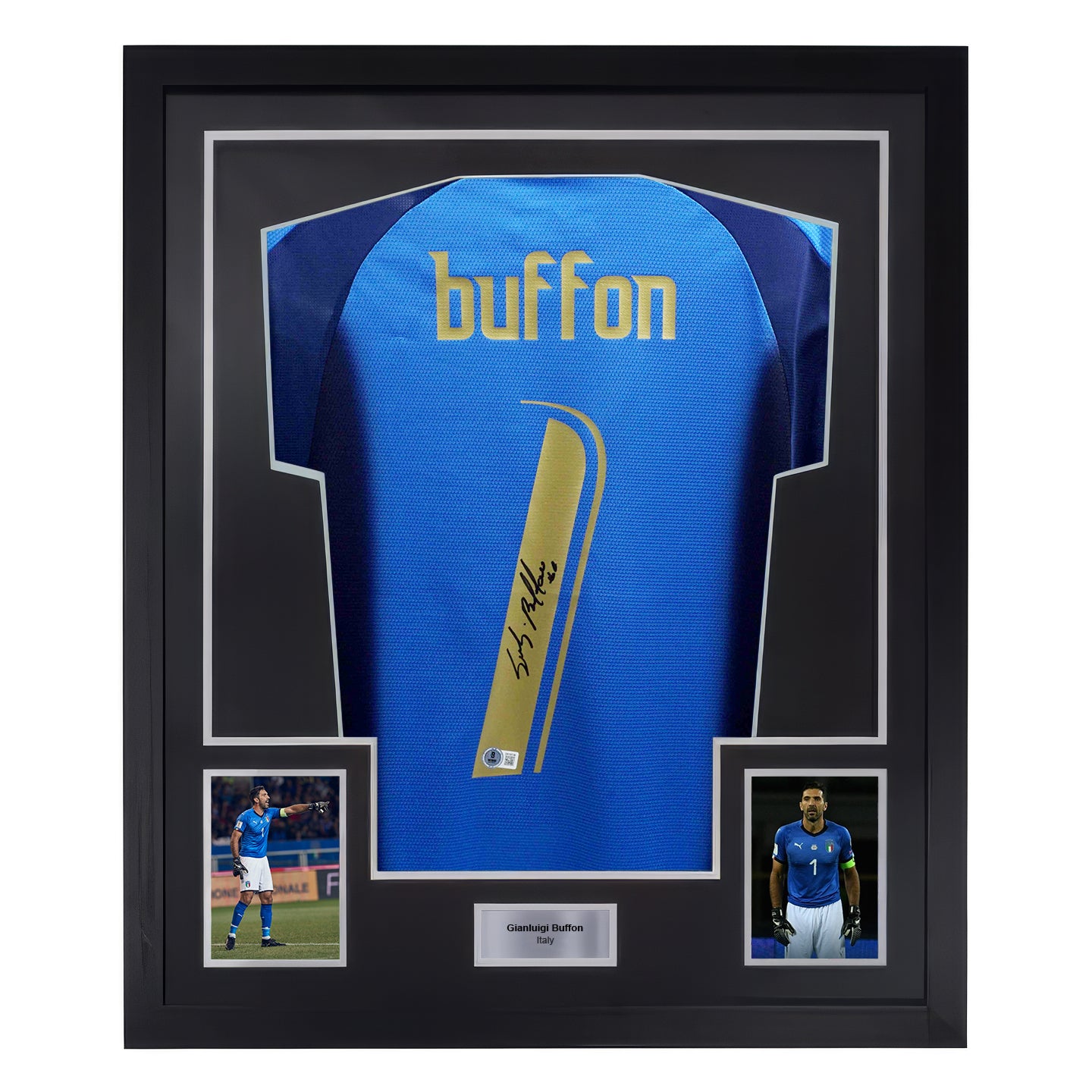 Framed Gianluigi Buffon Signed Italy Home Soccer Jersey #1 with Beckett COA