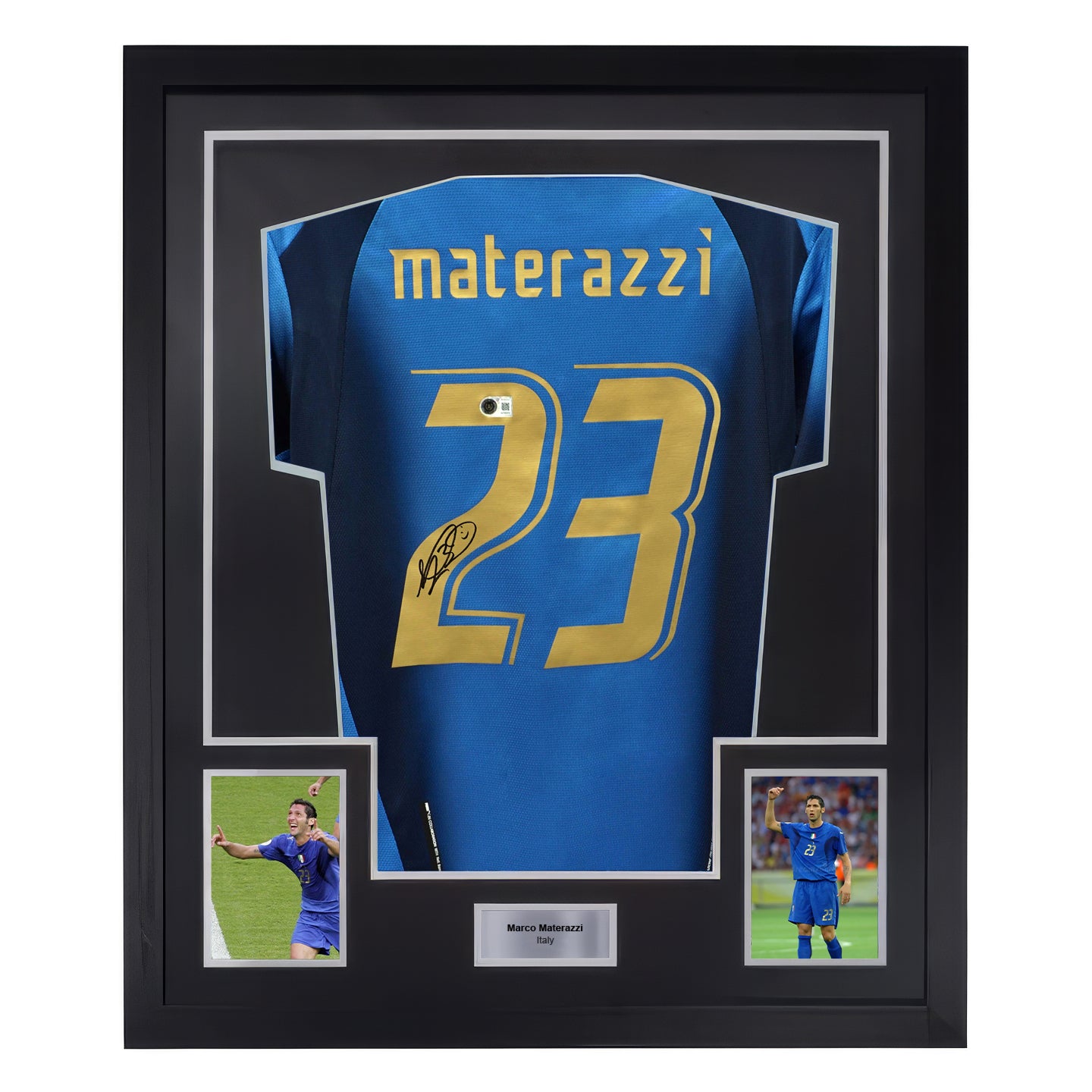 Framed Marco Materazzi Signed Italy Soccer Jersey #23 with Beckett COA