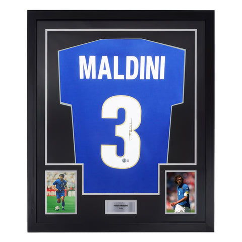 Framed Paolo Maldini Signed Italy Home Soccer Jersey #3 with Beckett COA