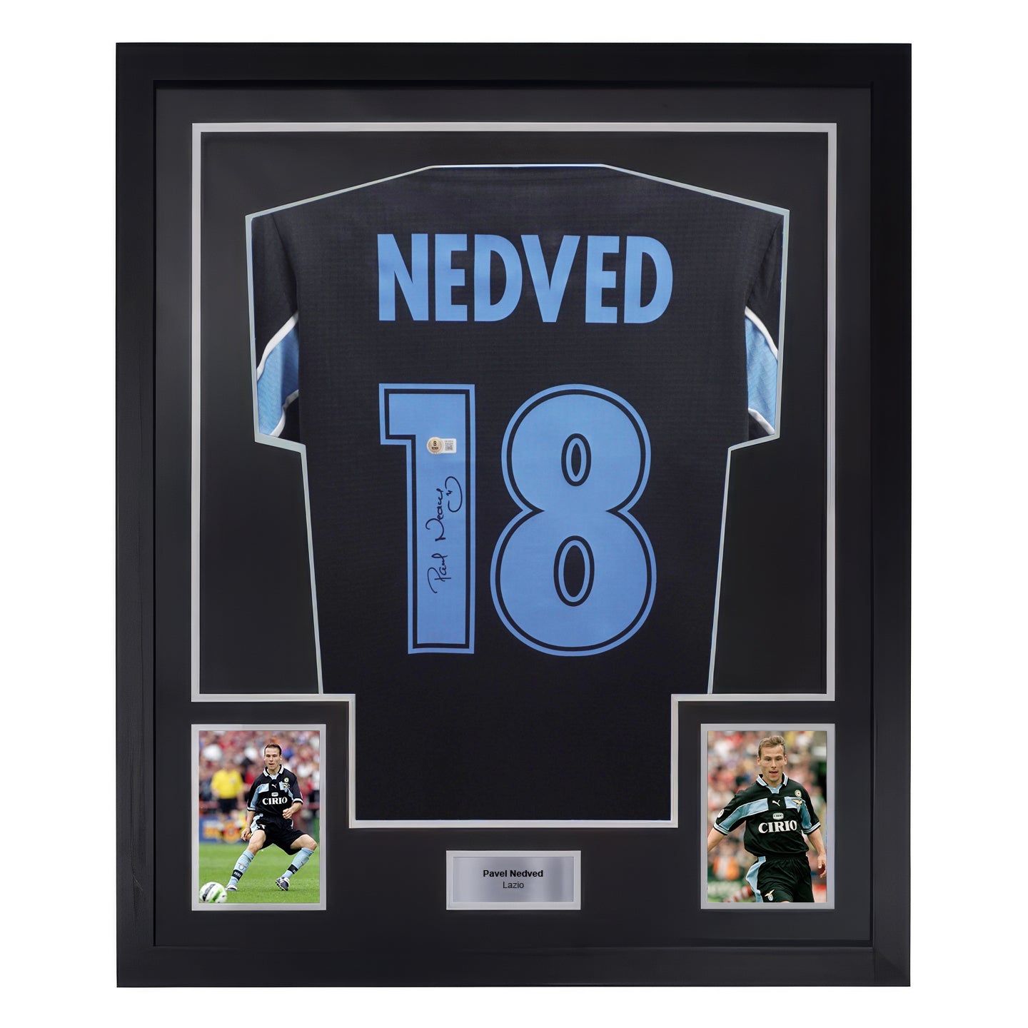 Framed Pavel Nedved Signed S.S. Lazio Away Soccer Jersey #18 with Beckett Witness