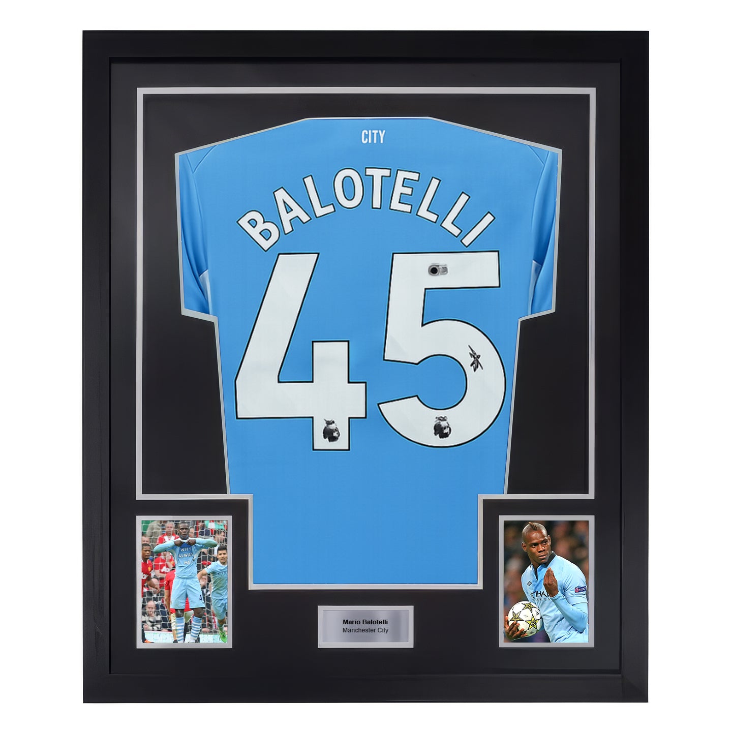 Framed Mario Balotelli Signed Manchester City Soccer Jersey #45 with Beckett COA
