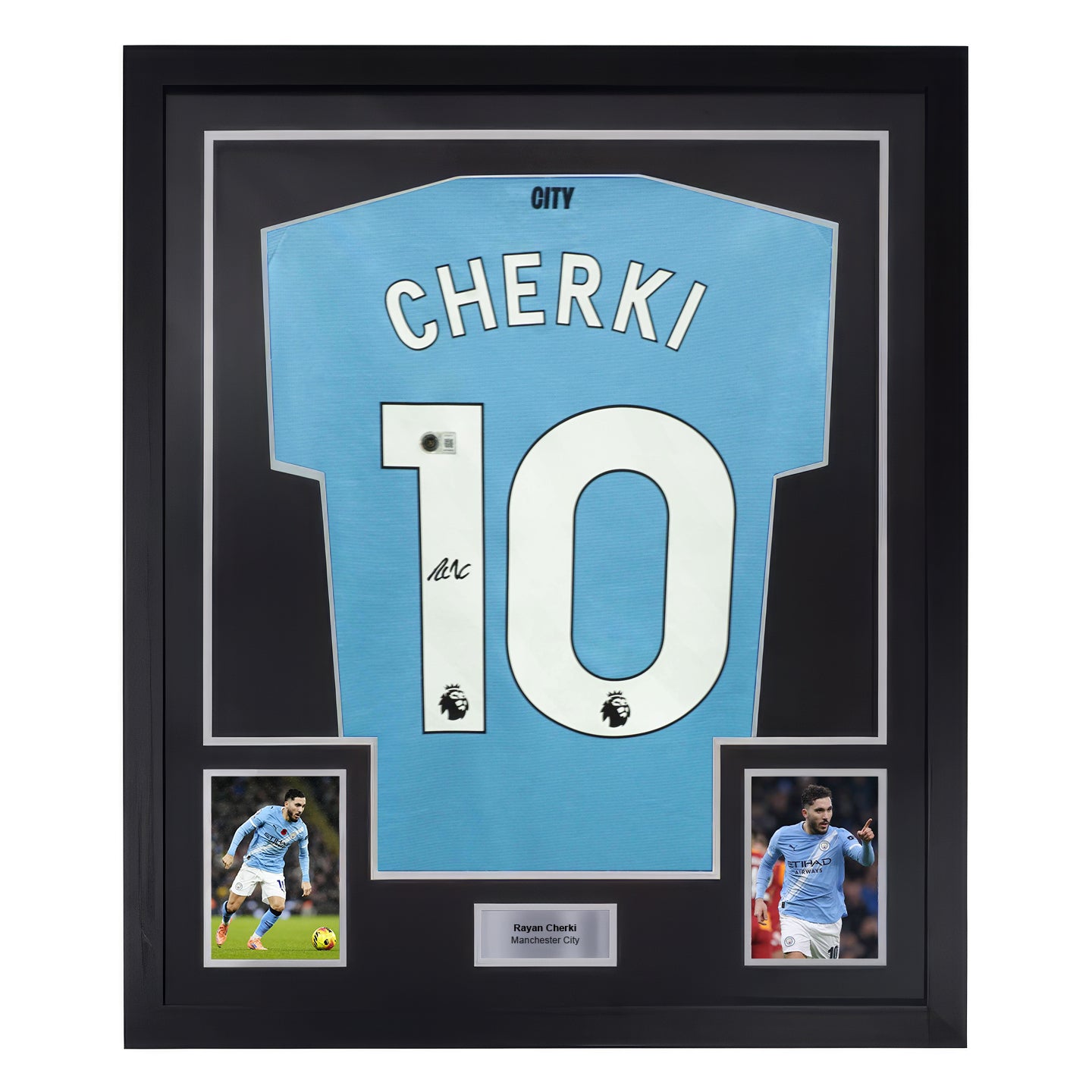 Framed Rayan Cherki Signed Manchester City Soccer Jersey #10 with Beckett COA