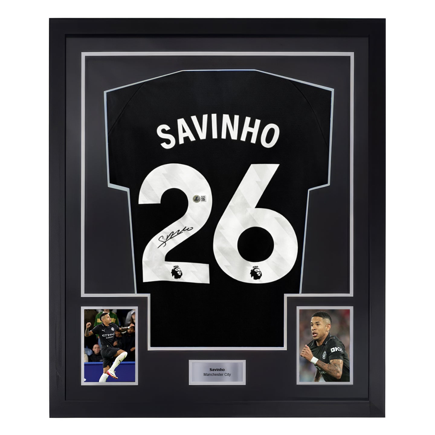 Framed Savinho Signed Manchester City FC Away Soccer Jersey #26 with Beckett COA