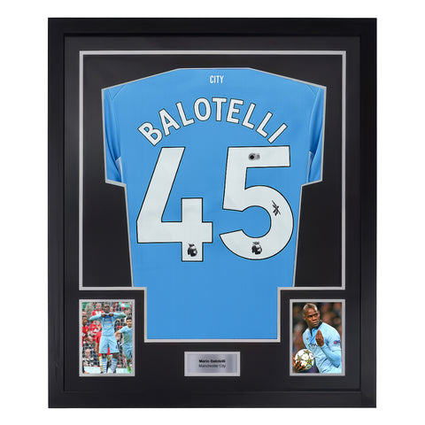 Framed Mario Balotelli Signed Manchester City Soccer Jersey #45 with Beckett COA