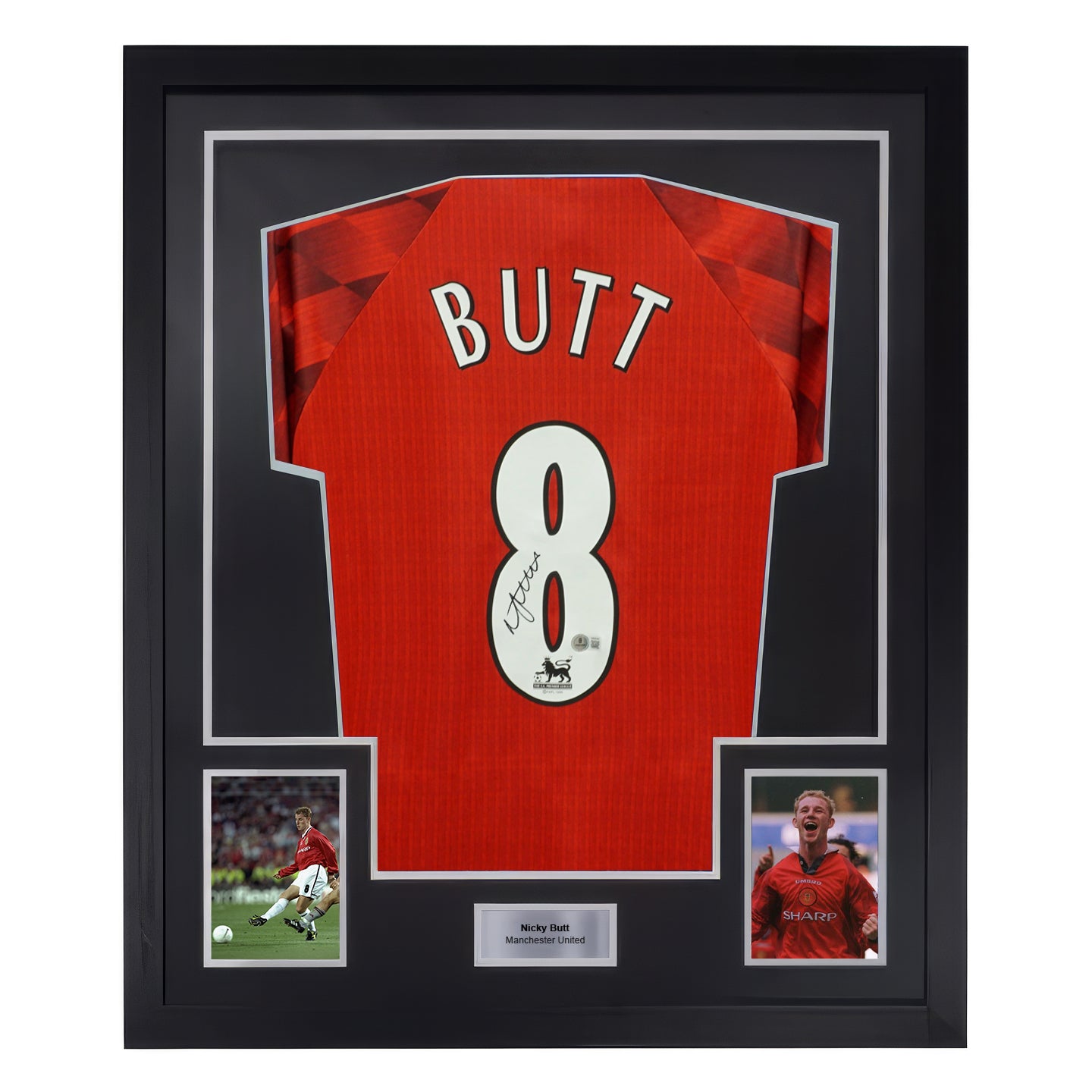 Framed Nicky Butt Signed Manchester United Soccer Jersey #8 with Beckett COA