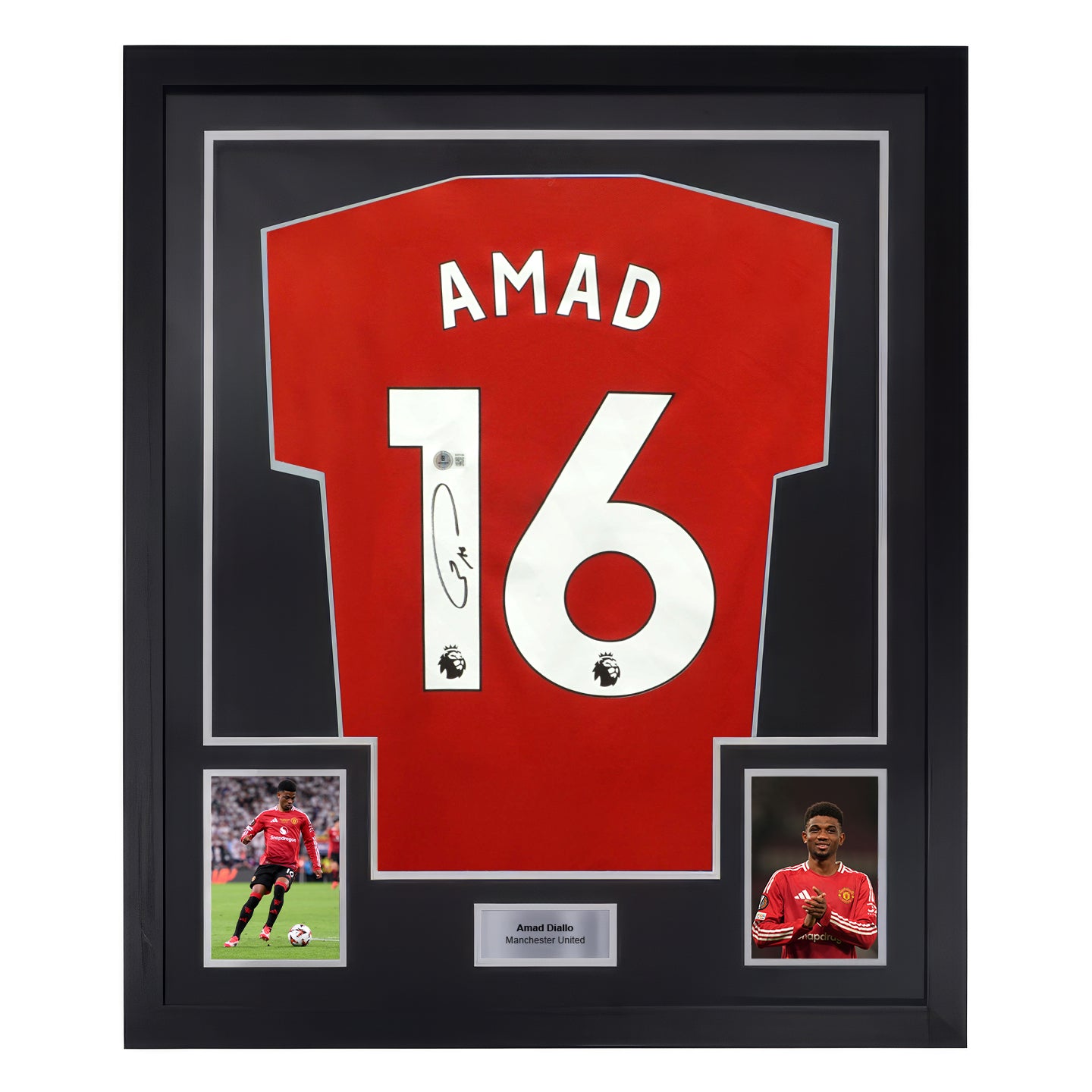 Framed Amad Diallo Signed Manchester United Home Soccer Jersey #16 with Beckett COA
