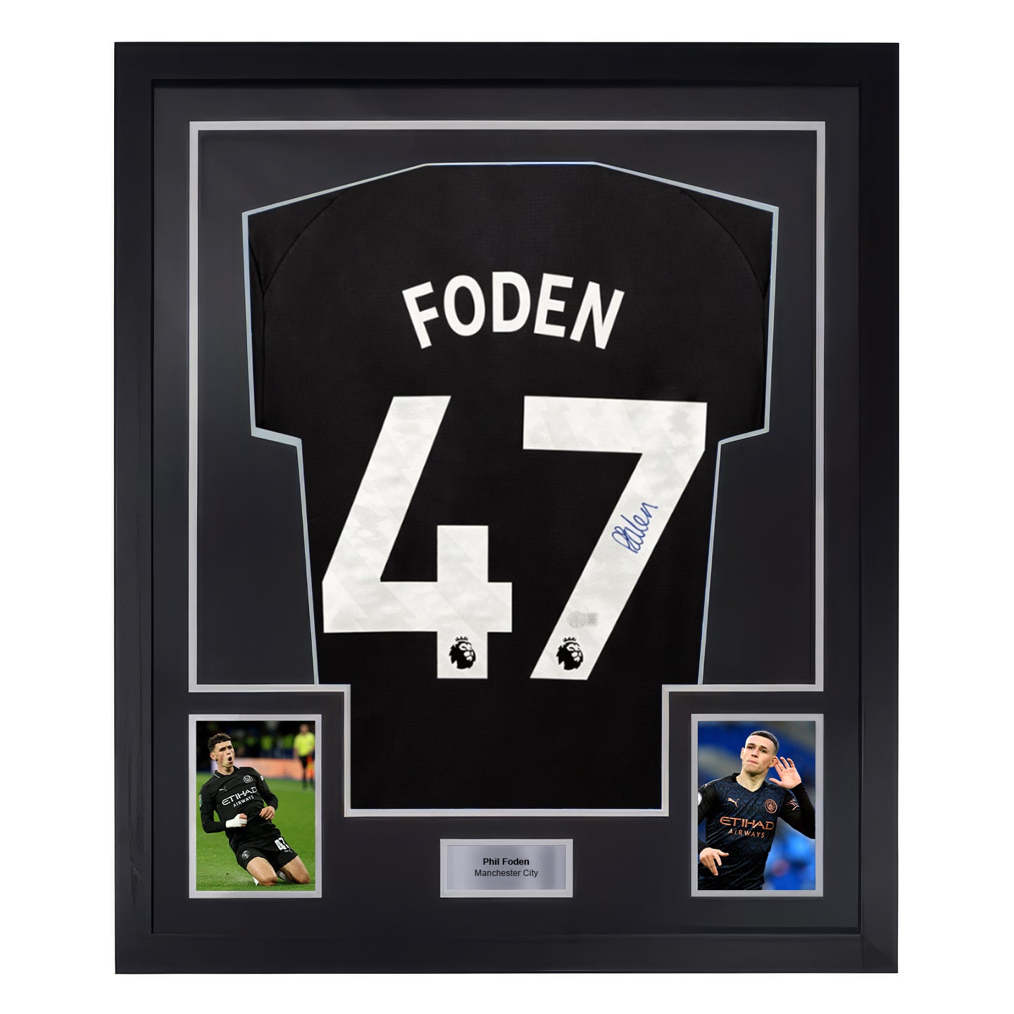 Framed Phil Foden Signed Manchester City Away Soccer Jersey #47 with Beckett COA