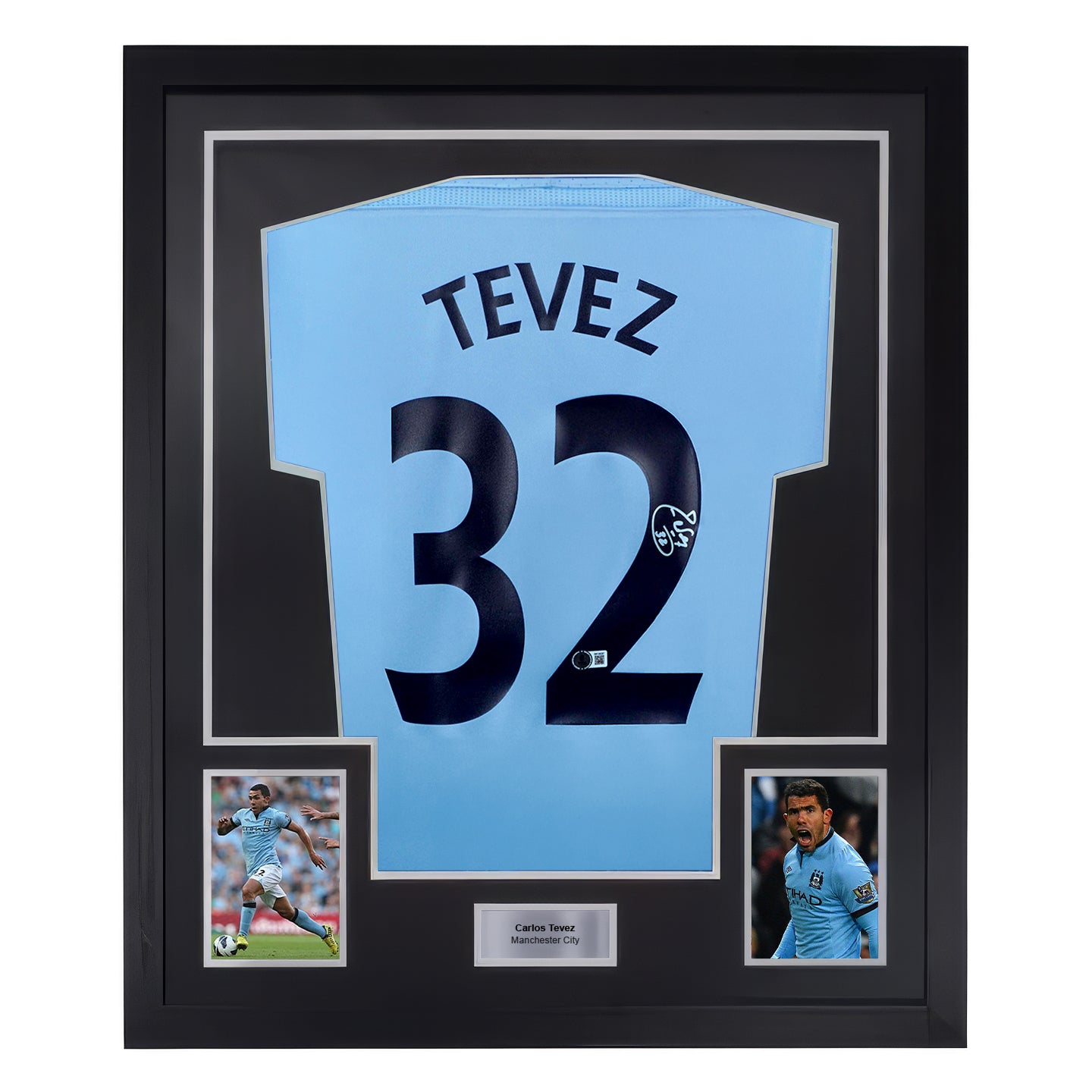 Framed Carlos Tevez Signed Manchester City Home Soccer Jersey #32 with Beckett Witness