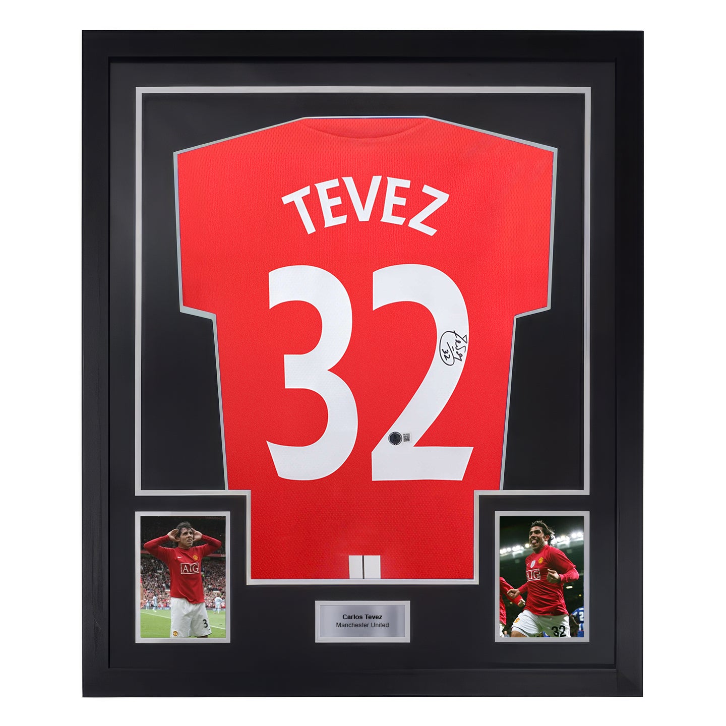 Framed Carlos Tevez Signed Manchester Utd Home Soccer Jersey #32 with Beckett Witness