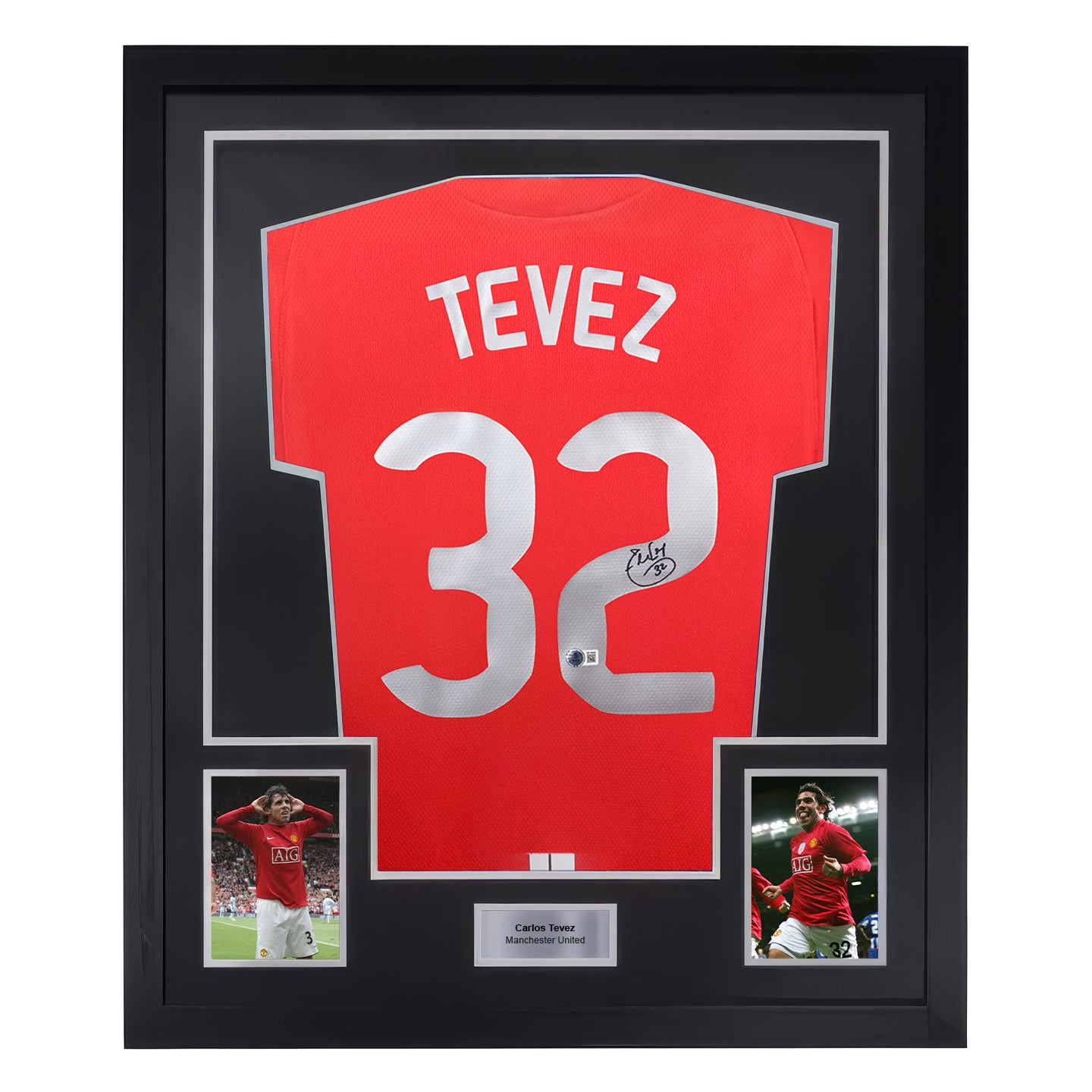 Framed Carlos Tevez Signed Manchester Utd 08 UCL Final Jersey #32 with Beckett Witness