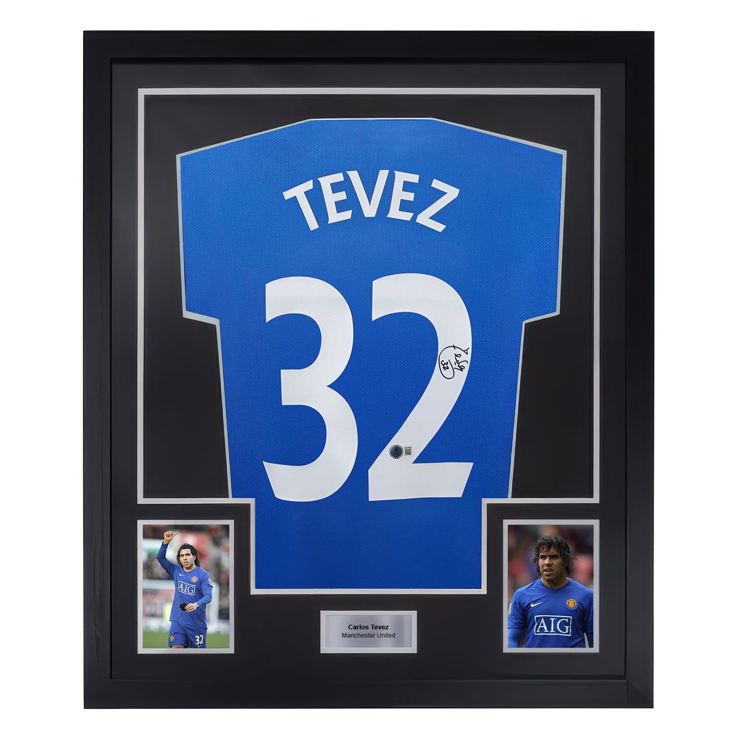 Framed Carlos Tevez Signed Manchester Utd Away Soccer Jersey #32 with Beckett Witness