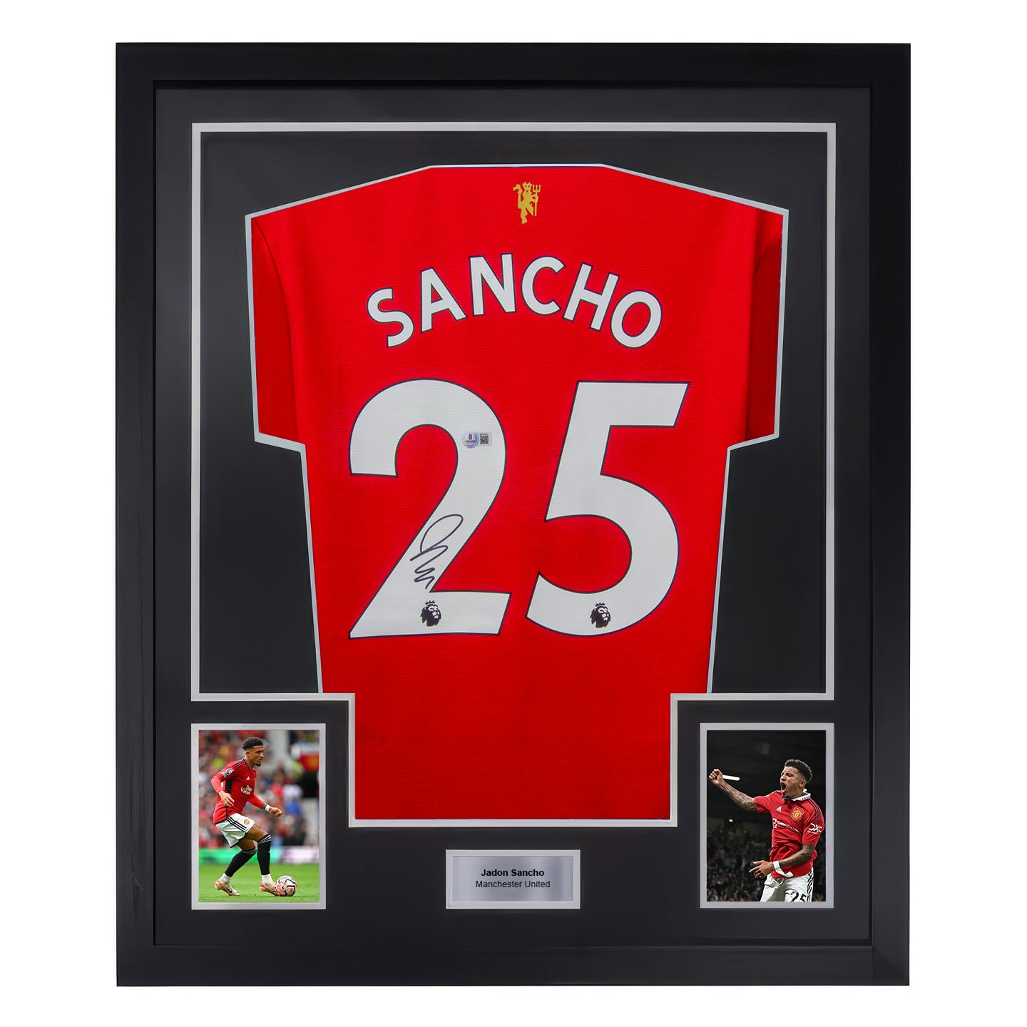 Framed Jadon Sancho Signed Manchester United Home Soccer Jersey #25 with Beckett COA