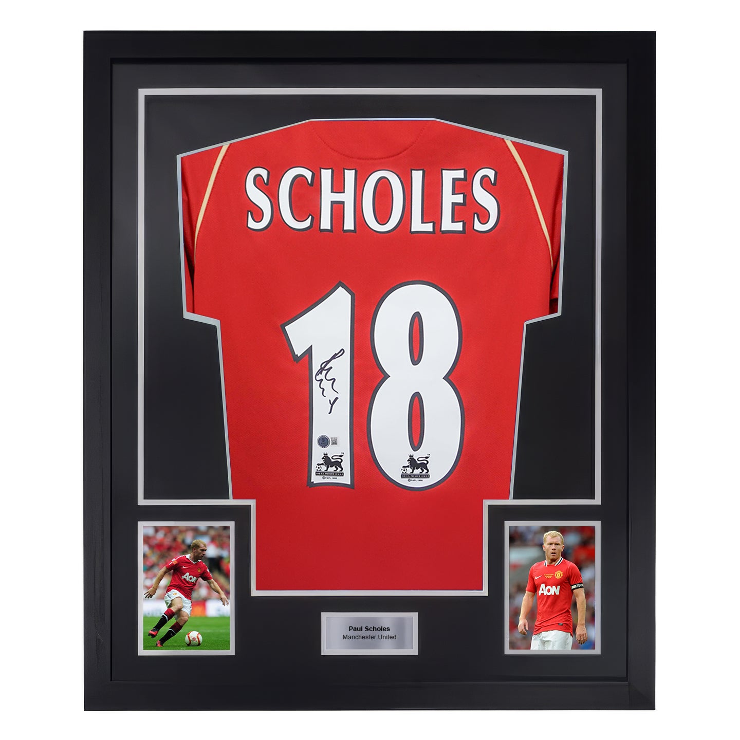 Framed Paul Scholes Signed Manchester Utd Home Soccer Jersey #18 with Beckett Witness