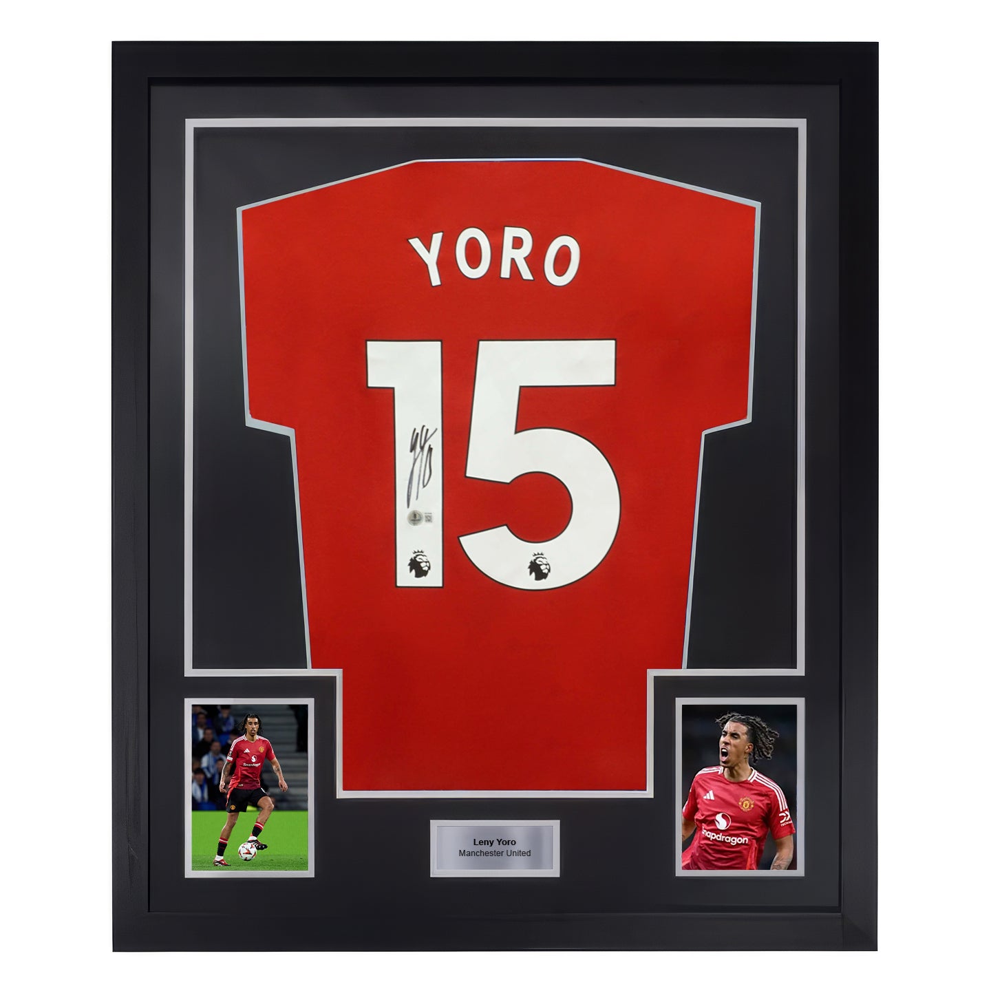Framed Leny Yoro Signed Manchester United Home Soccer Jersey #15 with Beckett COA