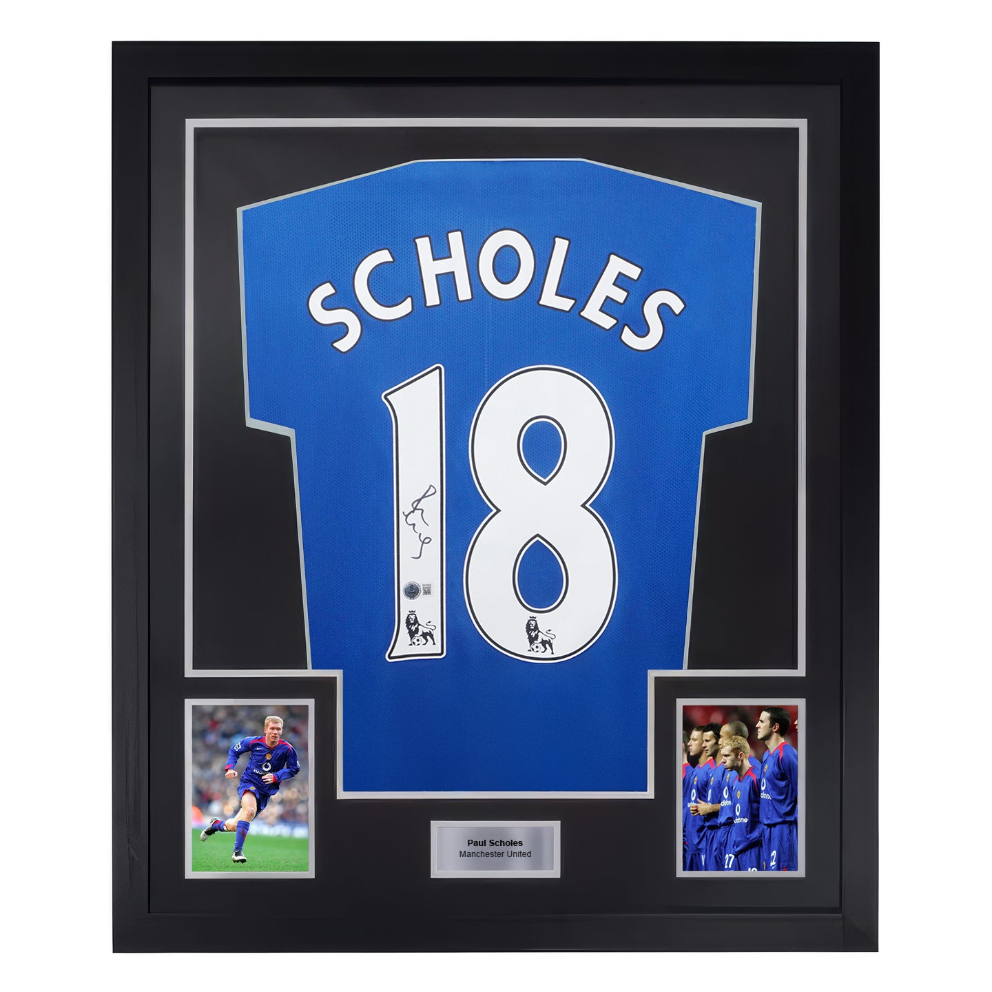 Framed Paul Scholes Signed Manchester Utd Away Soccer Jersey #18 with Beckett Witness