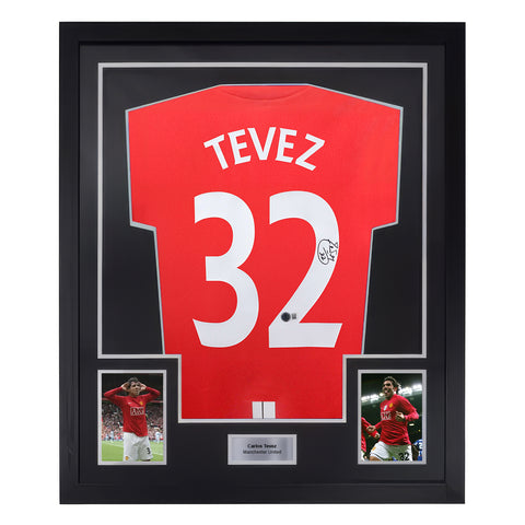 Framed Carlos Tevez Signed Manchester Utd Home Soccer Jersey #32 with Beckett Witness