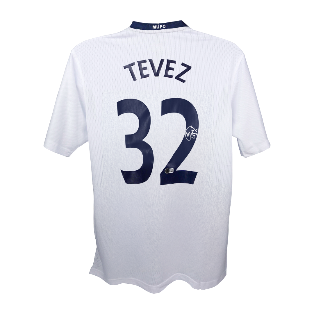 Carlos Tevez Signed Manchester Utd Away Soccer Jersey #32 with Beckett Witness