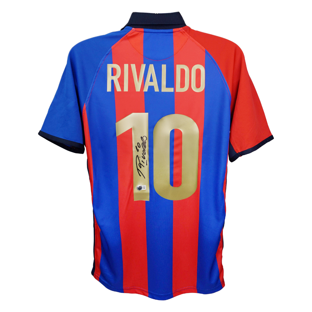 Rivaldo Signed FC Barcelona Home Soccer Jersey #10 with Beckett Witness