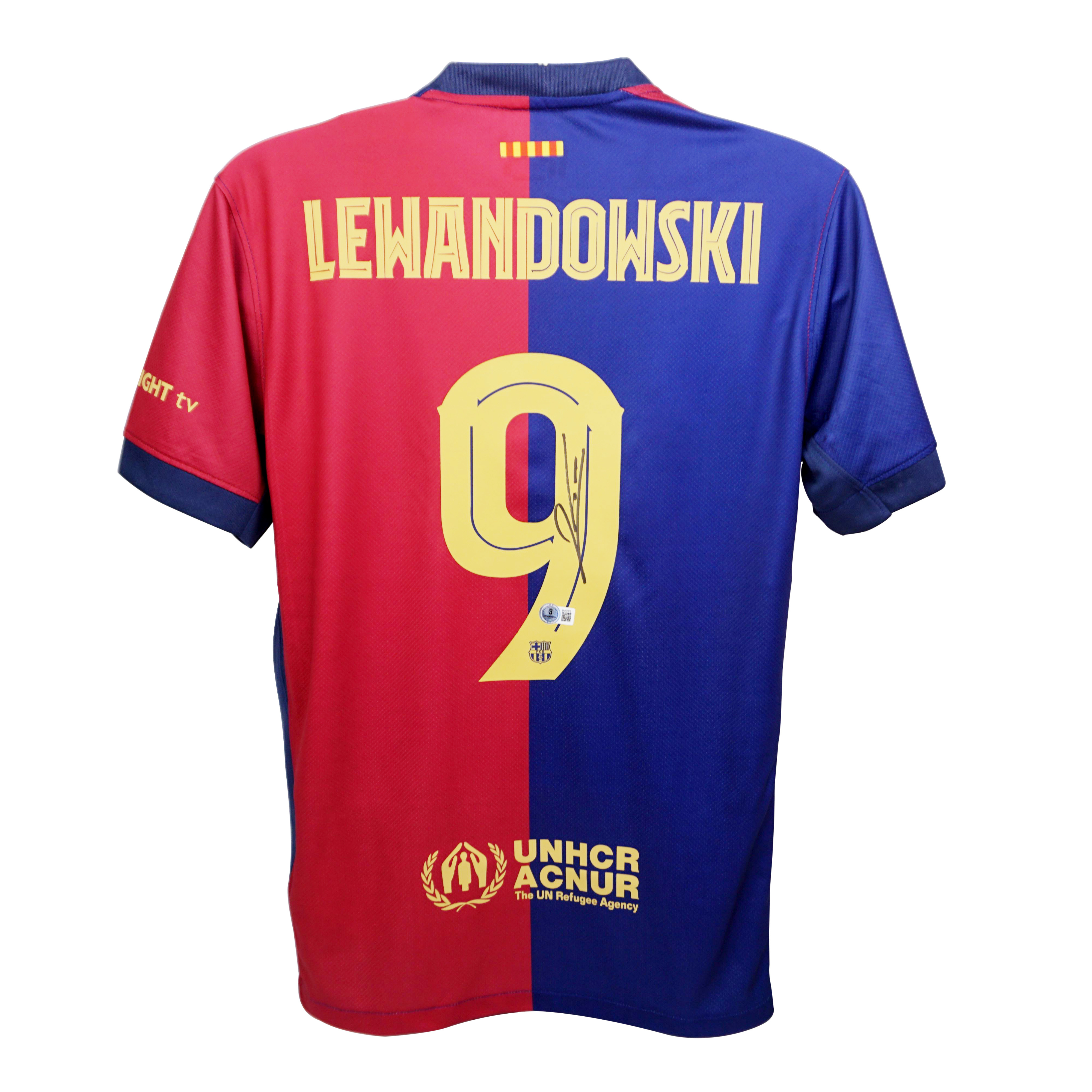 Framed Robert Lewandowski Signed Barcelona Home Soccer Jersey #9 with Beckett COA