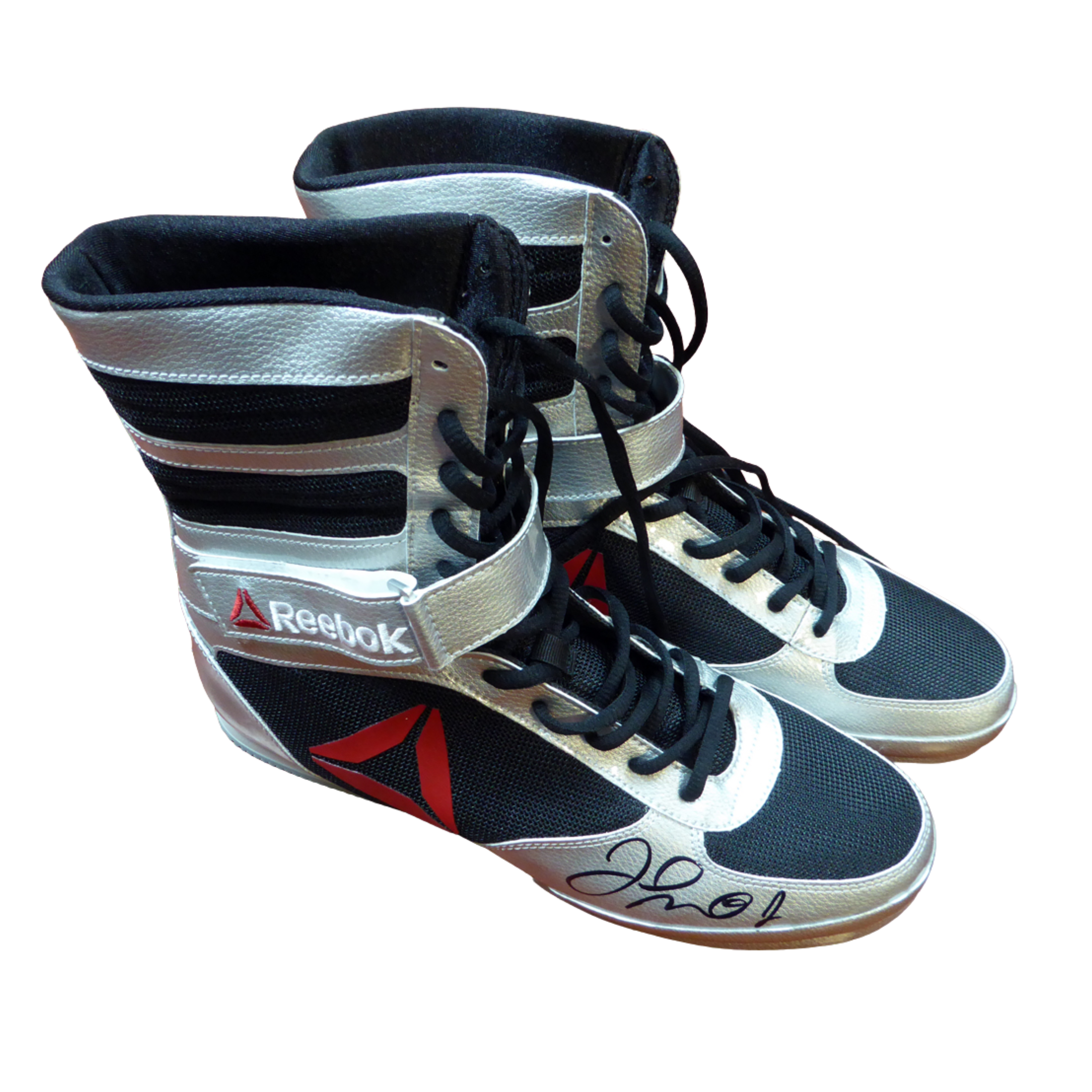 Floyd Mayweather Jr. Autographed Reebok Silver Boxing Shoes Beckett BAS