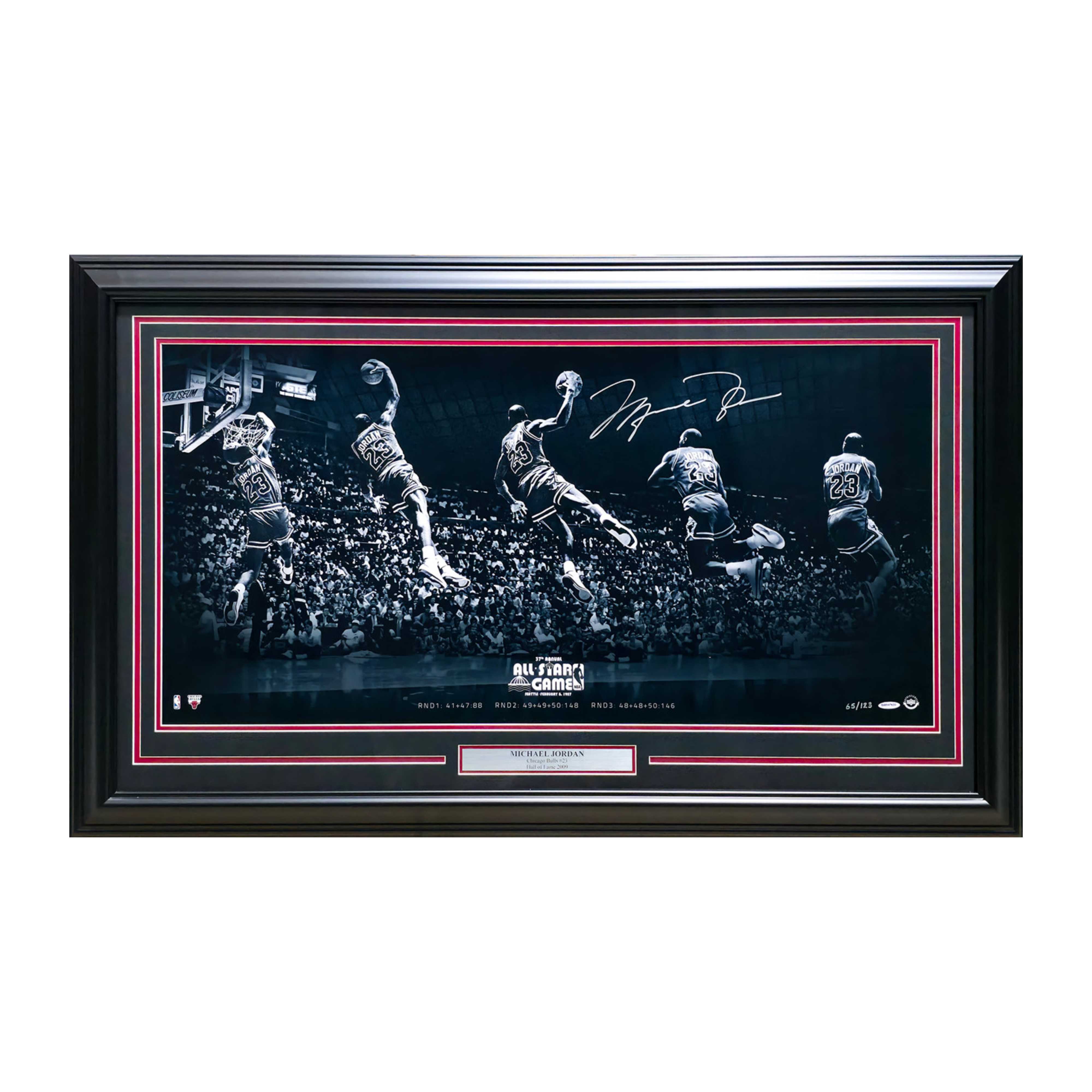 Michael Jordan Autographed Framed 18x36 'Kiss the Rim' Photo Chicago Bulls 1987 NBA Slam Dunk Contest #65/123 UDA Holo