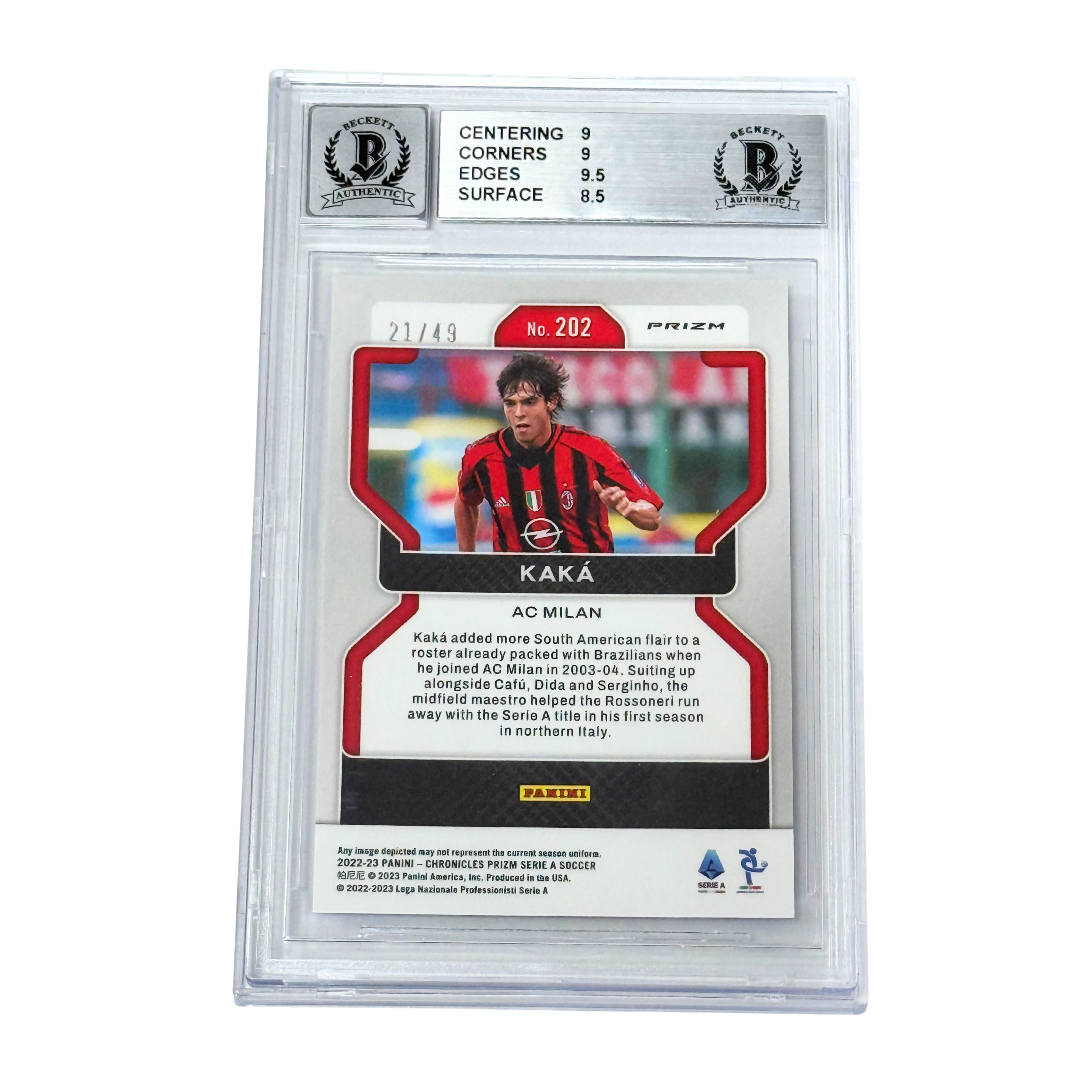 Kaka Signed 2022-23 Panini Chronicles Serie A Blue /49 #202 – BGS 9 AUTO 8