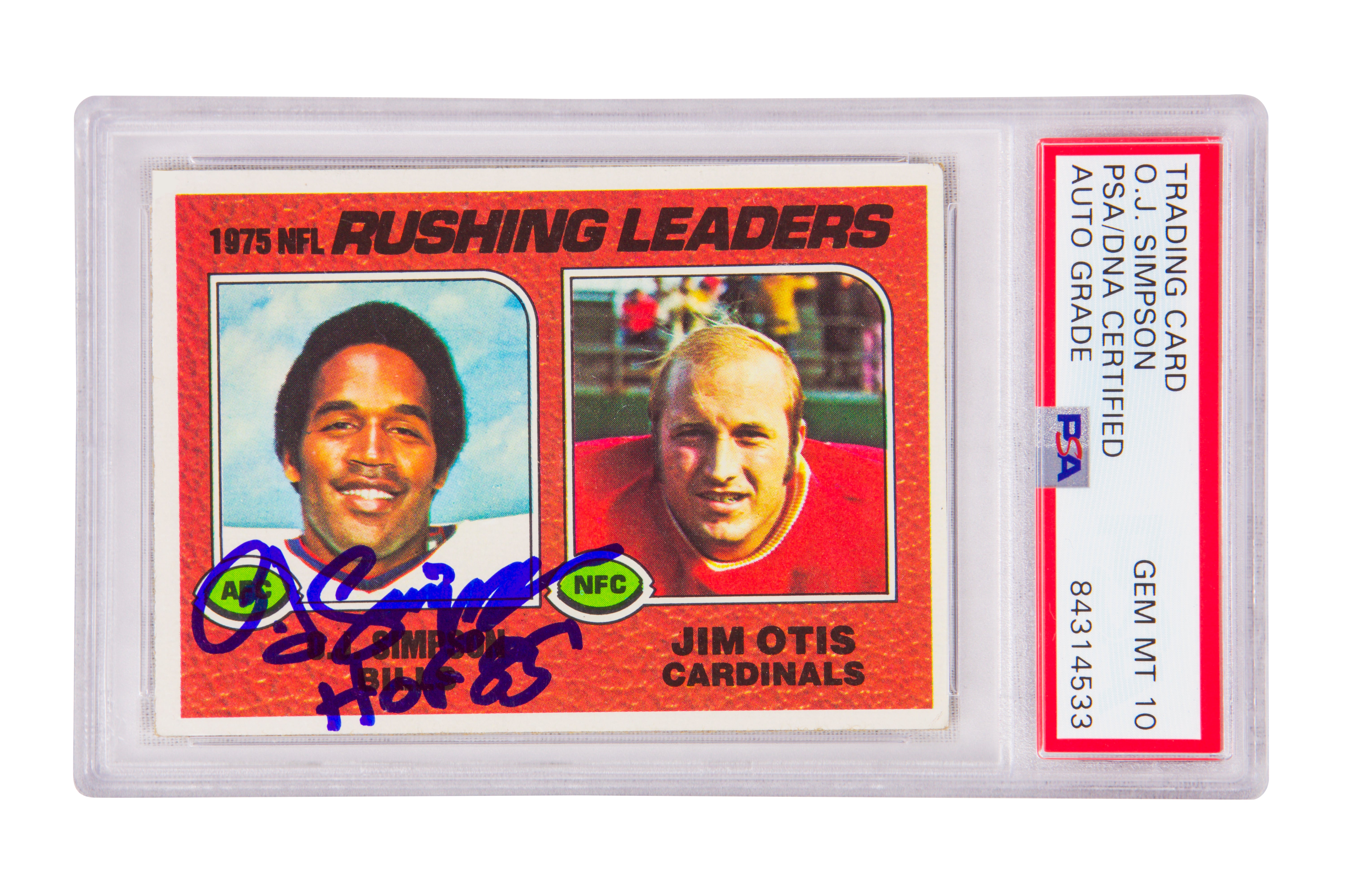 OJ Simpson Signed 1976 Topps Rushing Leaders Inscribed “HOF 85” – PSA 10 Auto