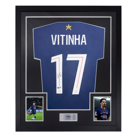 Framed Vitinha Signed PSG Home Soccer Jersey #17 with Beckett Witness