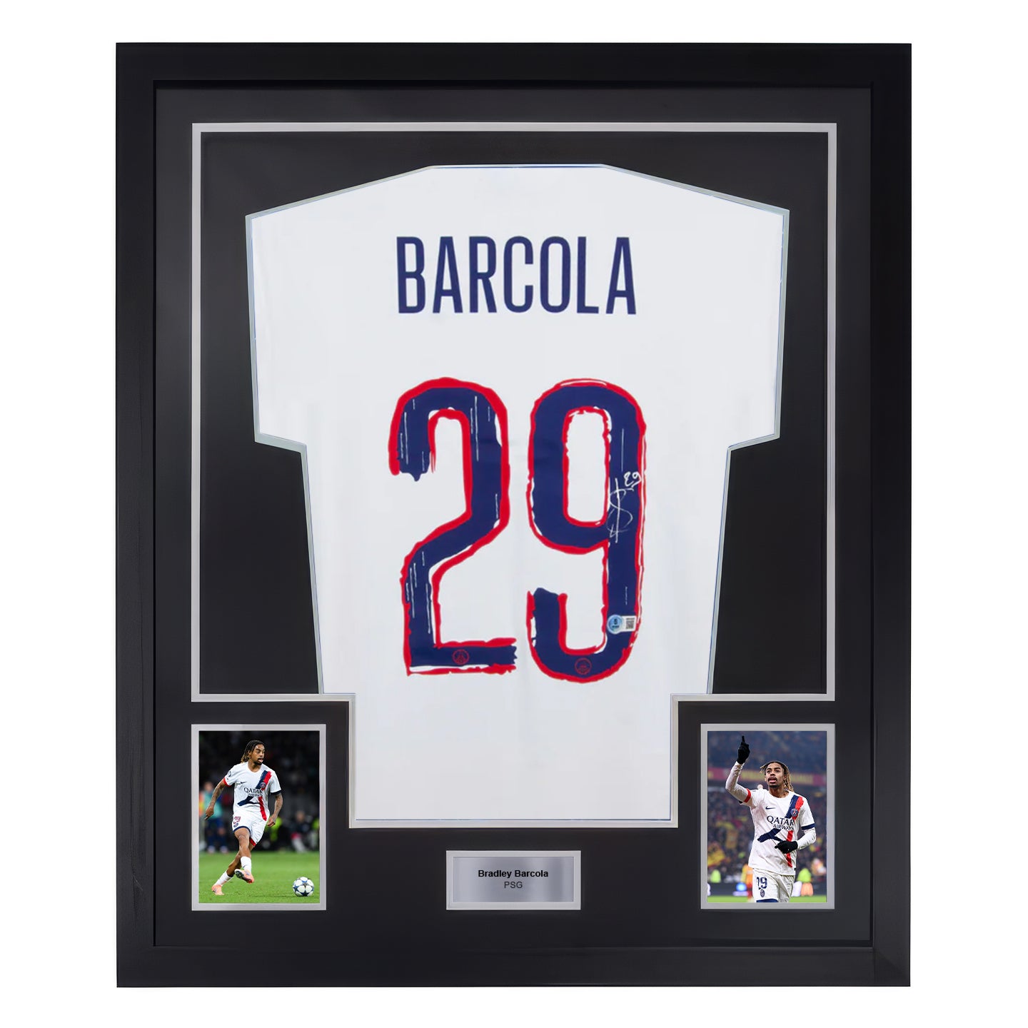 Framed Bradley Barcola Signed PSG Away Soccer Jersey #29 with Beckett Witness