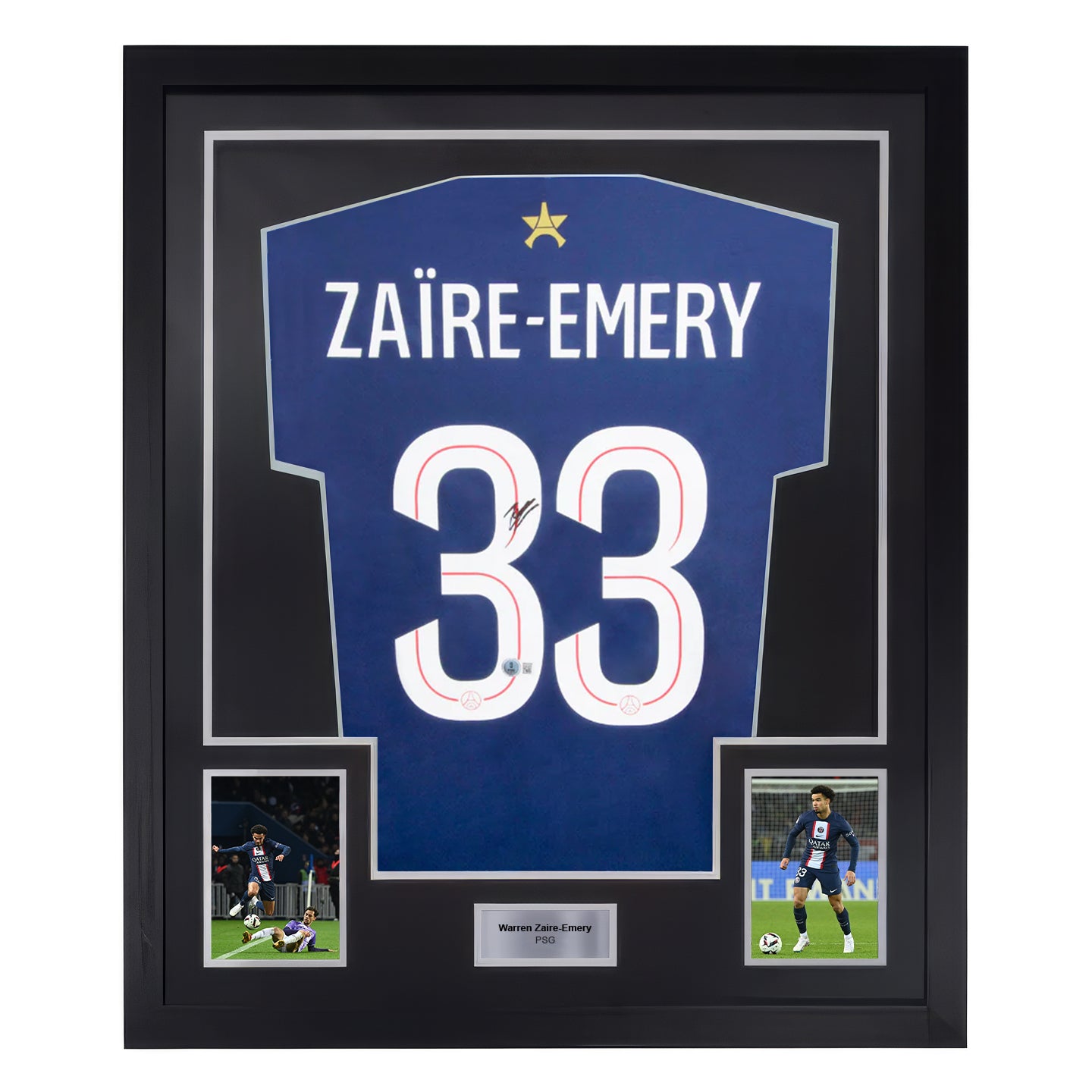 Framed Warren Zaire-Emery Signed PSG Home Soccer Jersey #33 with Beckett Witness