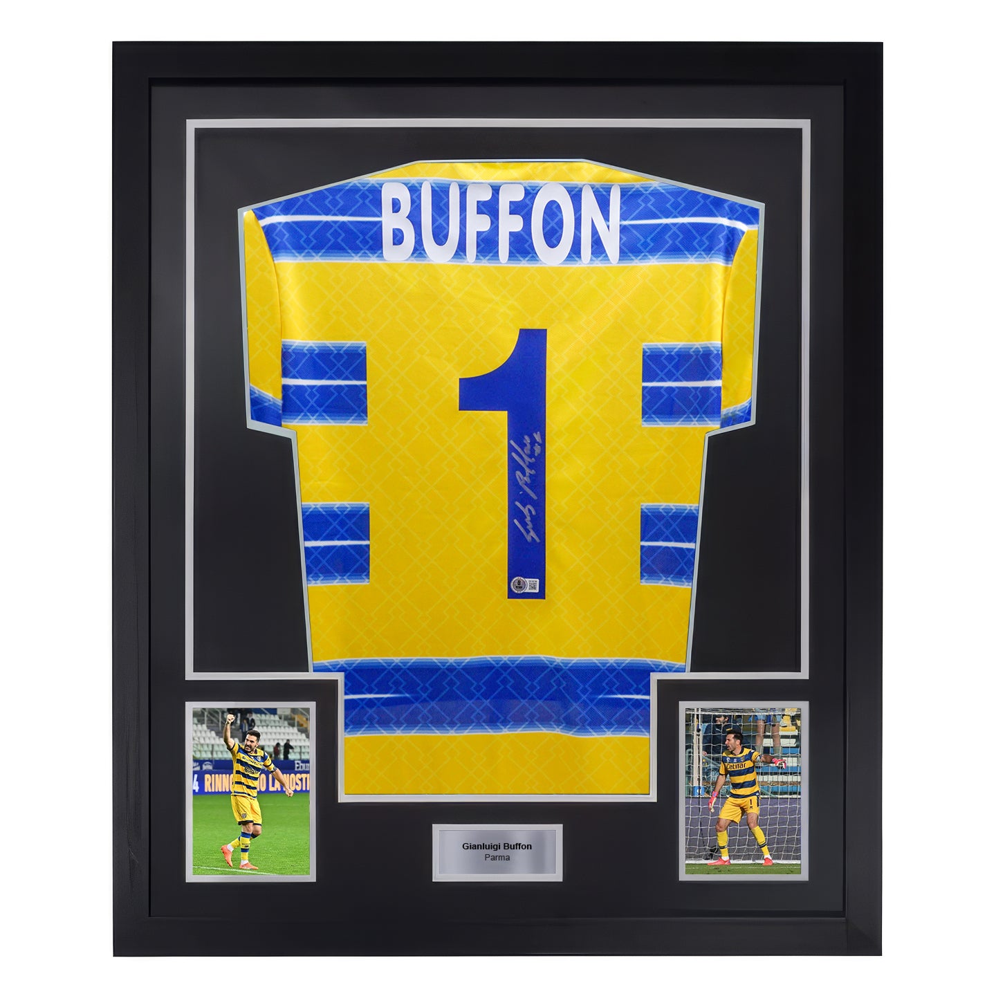 Framed Gianluigi Buffon Signed Parma Goalkeeper Soccer Jersey #1 with Beckett Witness