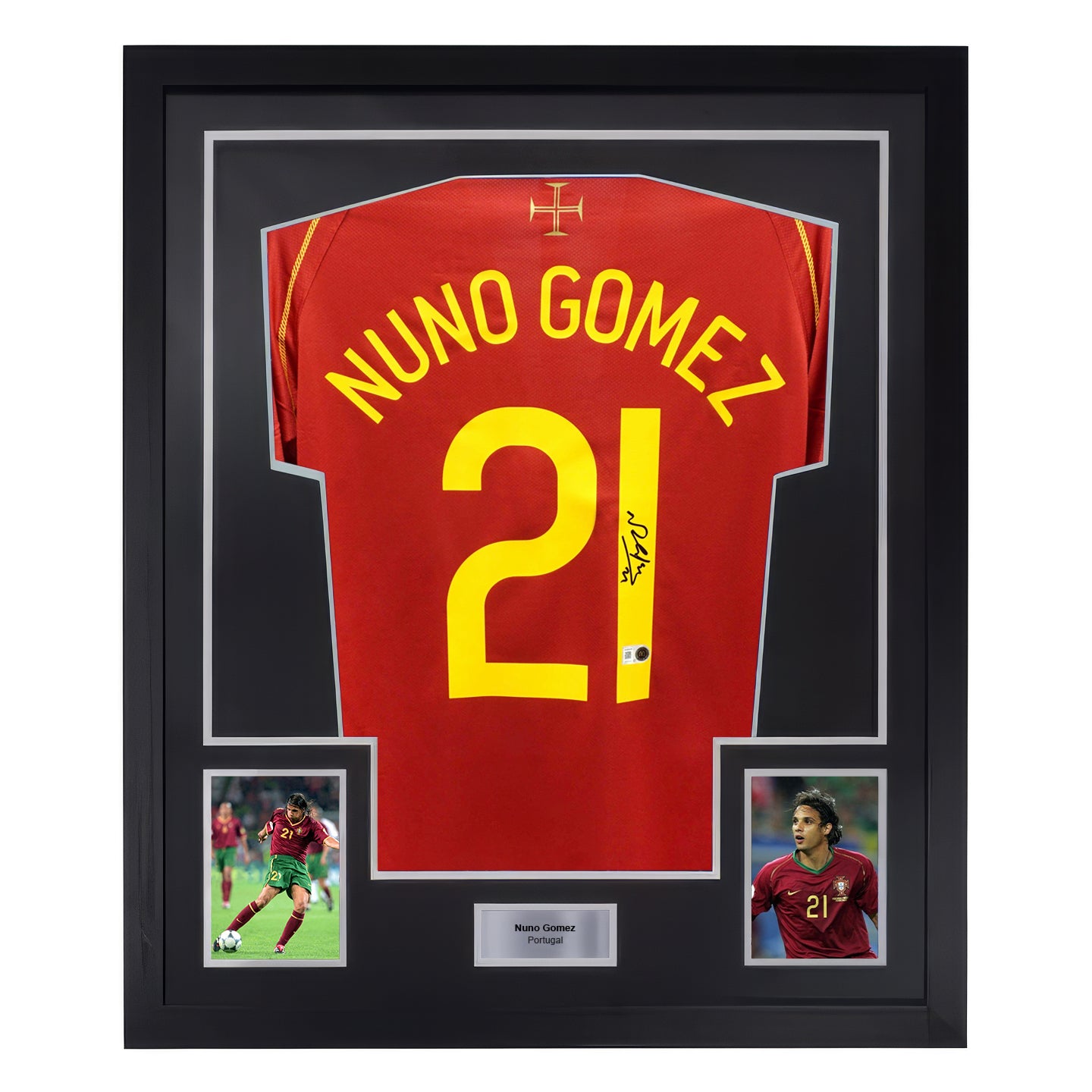 Framed Nuno Gomez Signed Portugal Soccer Jersey #21 with Beckett COA
