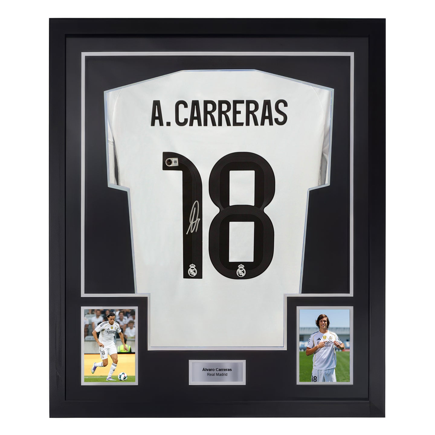 Framed Alvaro Carreras Signed Real Madrid FC Home Soccer Jersey #18 with Beckett COA