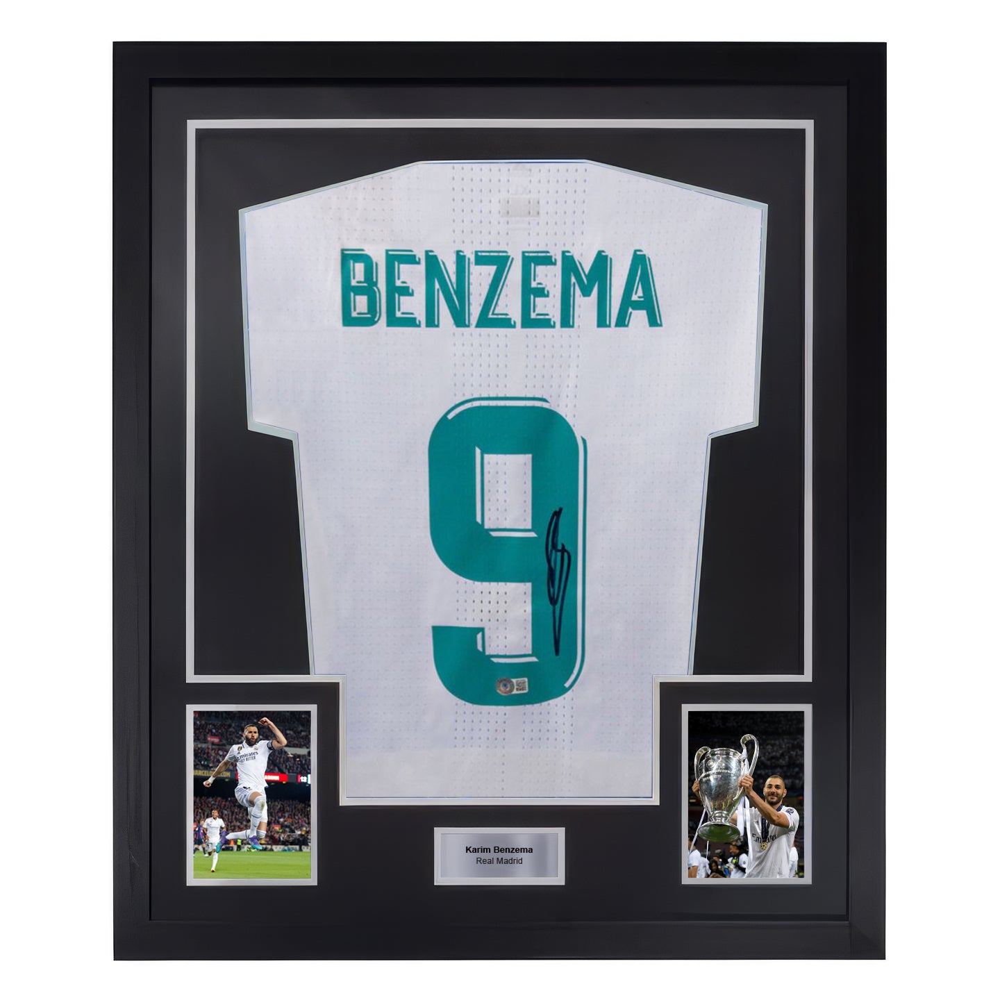 Framed Karim Benzema Signed Real Madrid FC Home Soccer Jersey #9 with Beckett COA
