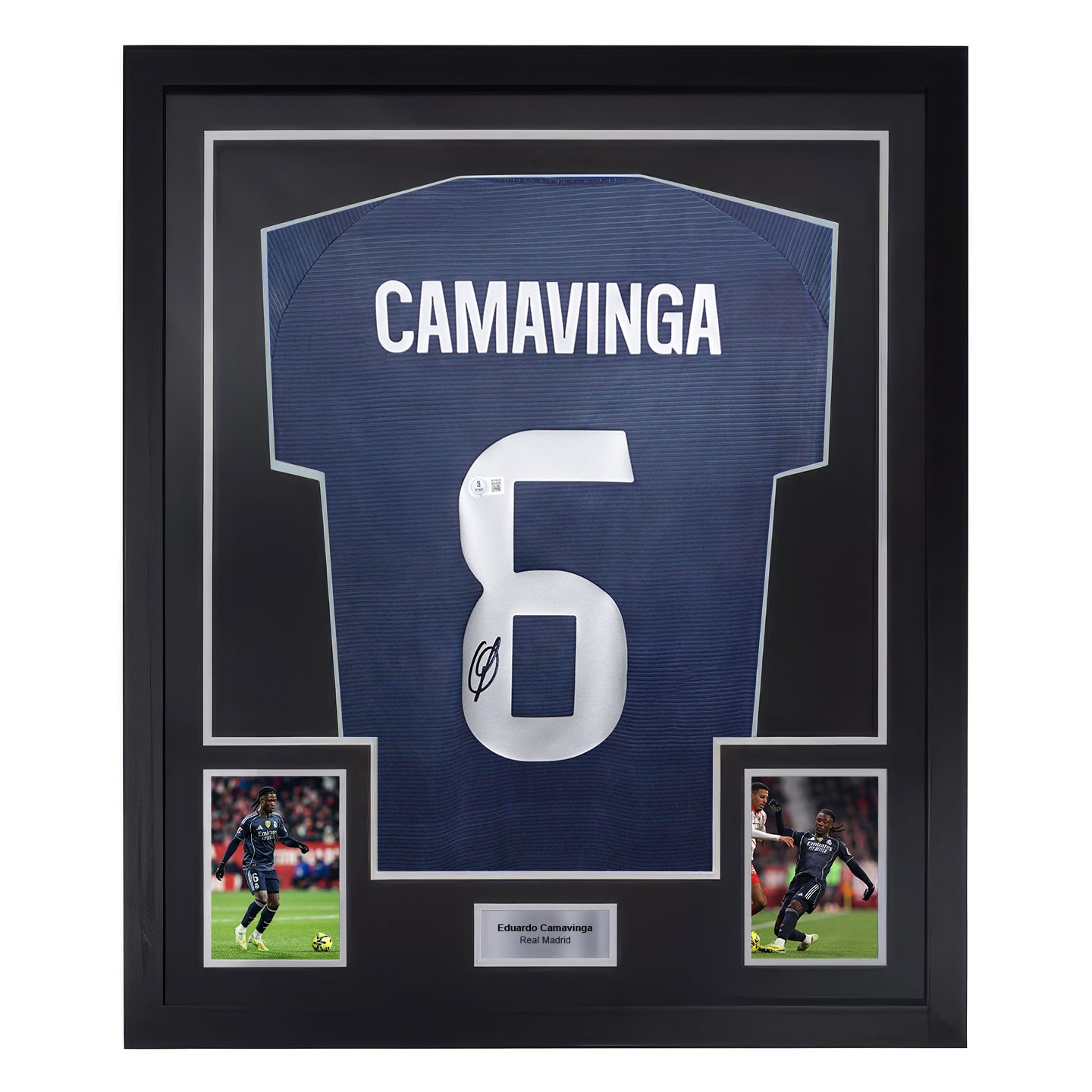 Framed Eduardo Camavinga Signed Real Madrid Away Soccer Jersey #6 with Beckett Witness