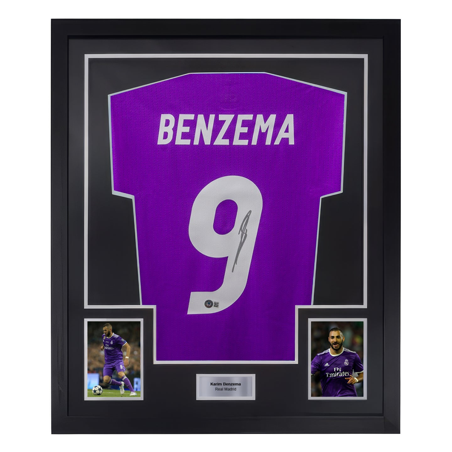Framed Karim Benzema Signed Real Madrid FC Away Soccer Jersey #9 with Beckett COA