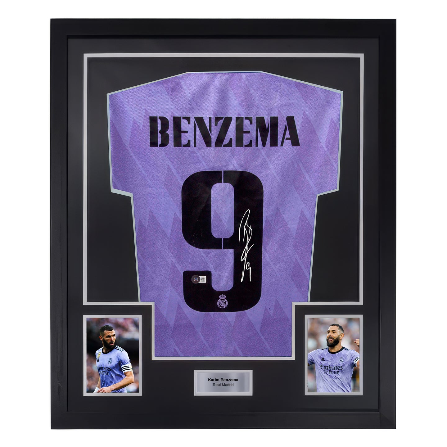 Framed Karim Benzema Signed Real Madrid FC Away Soccer Jersey #9 with Beckett COA