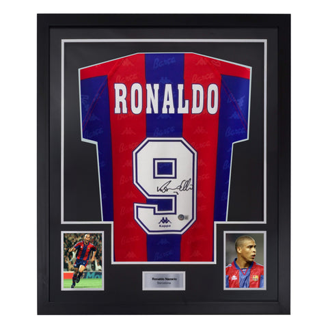 Framed Ronaldo Nazario Signed FC Barcelona Home Soccer Jersey #9 with Beckett COA