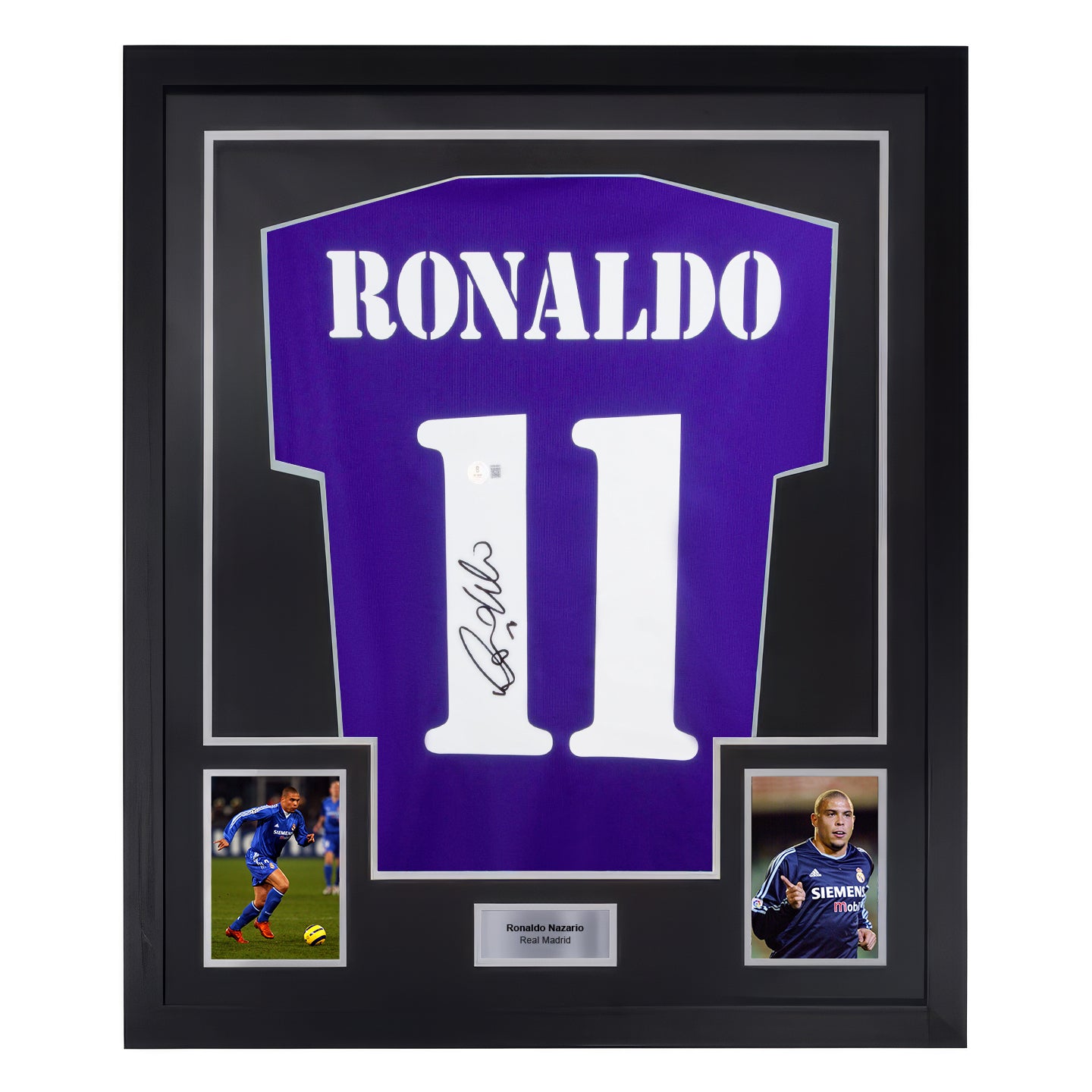 Framed Ronaldo Nazario Signed Real Madrid Away Soccer Jersey #11 with Beckett Witness