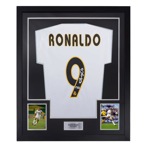 Framed Ronaldo Nazario Signed Real Madrid Home Soccer Jersey #9 with Beckett Witness