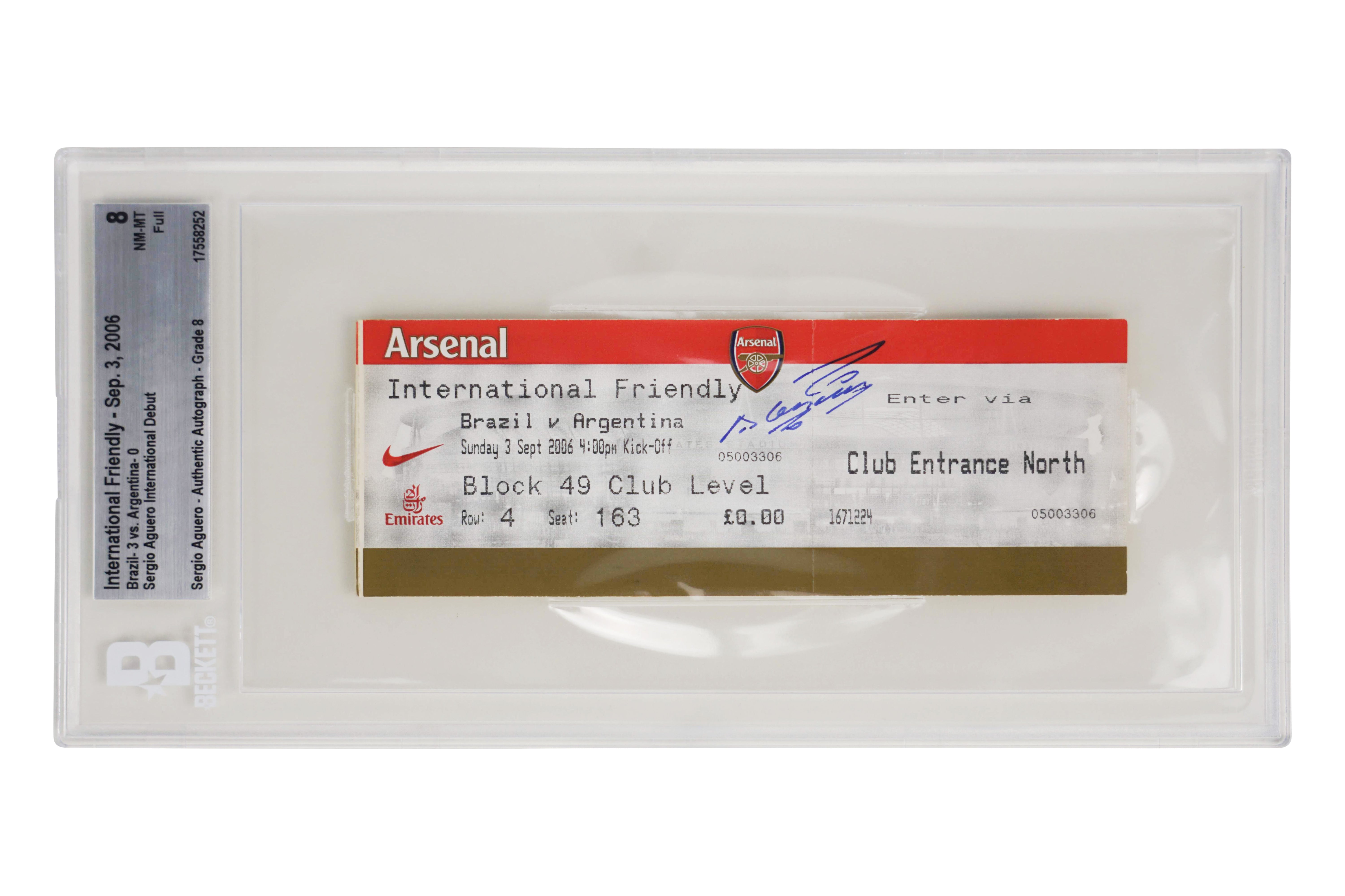 Sergio Aguero Signed 2006 Argentina Pro Debut Match Ticket – BGS 8