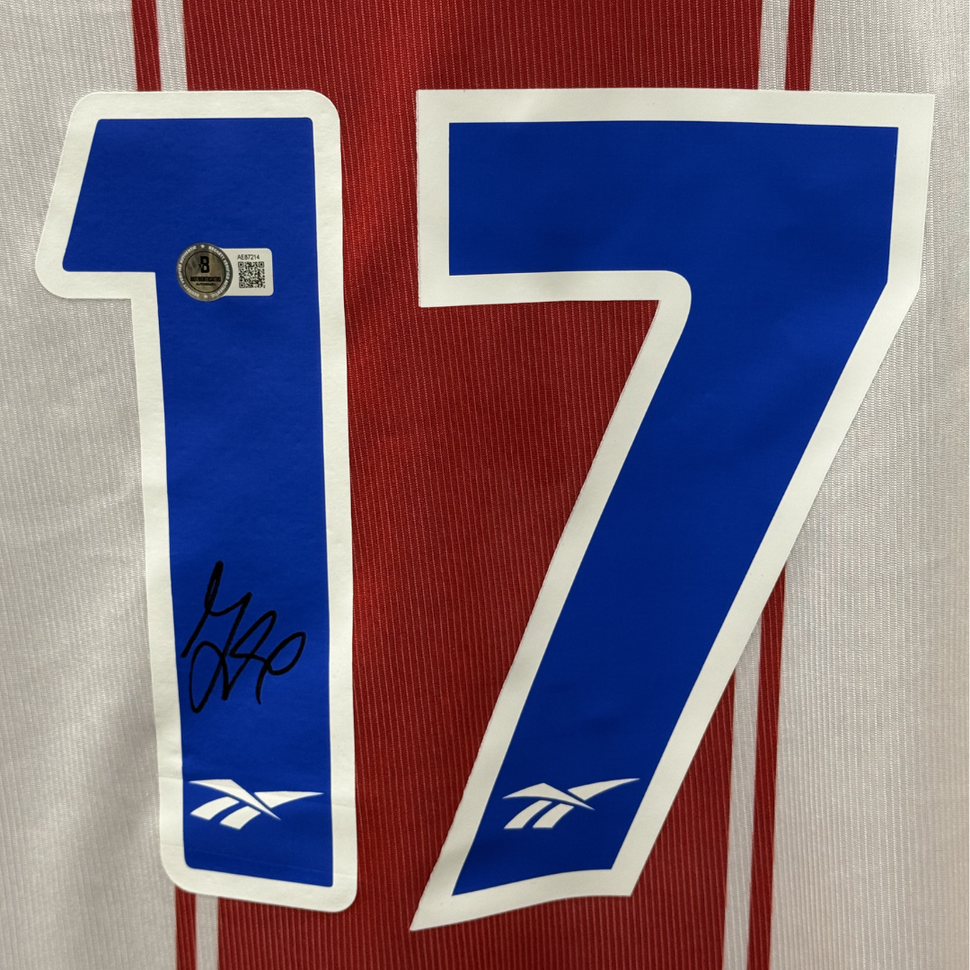 Framed Jimmy Floyd Hasselbaink Signed Atletico Madrid Soccer Jersey #17 with Beckett COA
