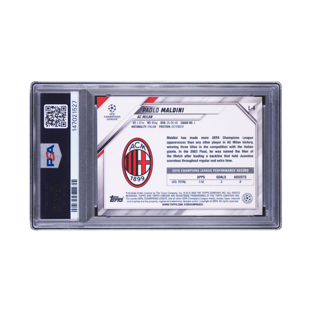 Paolo Maldini Signed 2021-22 Topps Chrome UCL Gold Lava Refractor - PSA 8 AUTO 9